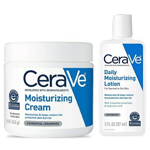 CeraVe Daily Moisturizing Cream & Lotion Combo Pack - 16 oz Moisturizing Cream + 3 oz Travel Size Lotion - Fragrance Free with 3 Essential Ceramides - Hydrating Skincare for Dry & Sensitive Skin - Perfect for Daily Use & Travel