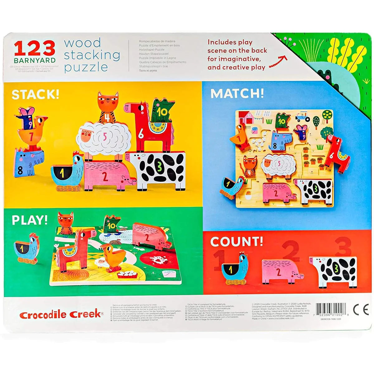 10-Piece Stacking Wooden Puzzle - Educational Barnyard Animal Toy for Toddlers, Kids Learning Numbers 123 - Perfect for Preschool, Montessori, and Early Childhood Development