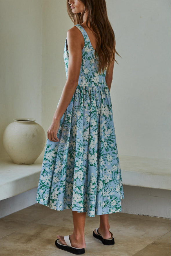 Seaside Blooms Floral Print Midi Dress for Women - Summer Beach Vacation, Garden Party & Casual Outfit