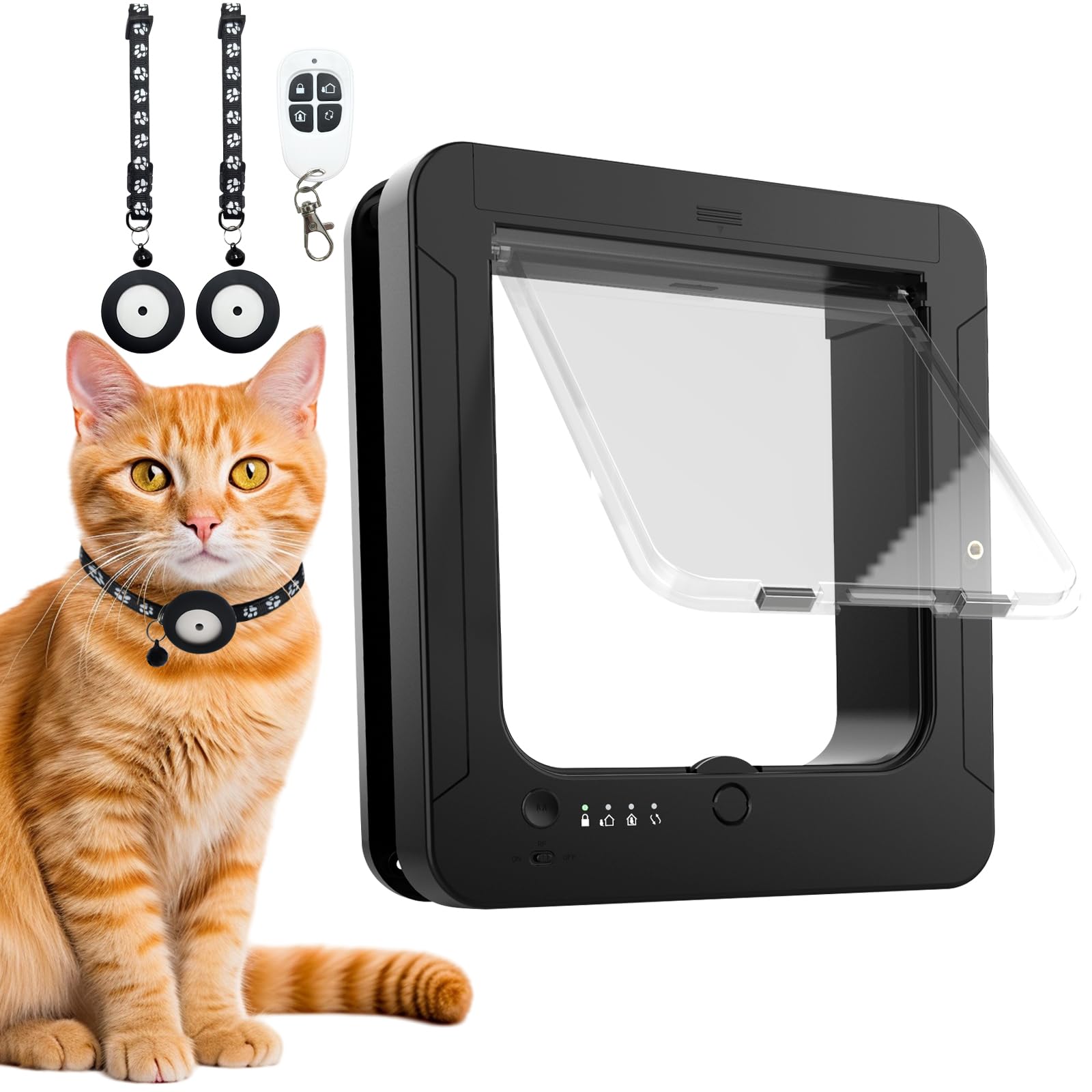 Smart RFID Cat Door for Interior & Exterior - Microchip Activated Pet Door with 2 Collar Sensors, Remote Control & 4-Way Locking System | Automatic Cat Flap for Home Security & Pet Safety (Black) | Perfect for Multi-Cat Households & Smart Home Integration
