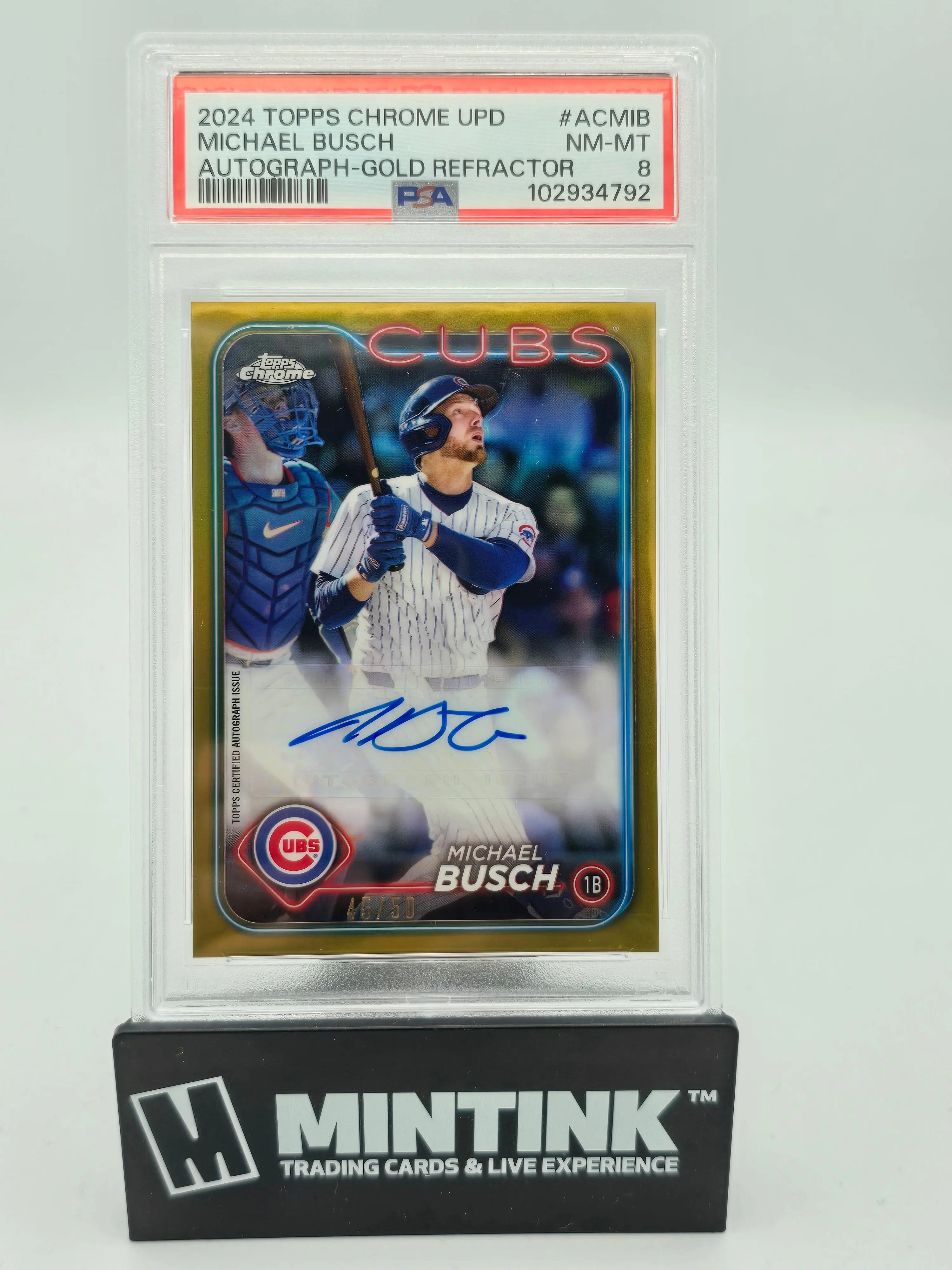 2024 Topps Chrome Update Baseball Michael Busch Gold Refractor Auto PSA 8 /50 - Rare Collectible Trading Card for Baseball Fans and Sports Memorabilia Collectors - Perfect for Display, Investment, and Gifting