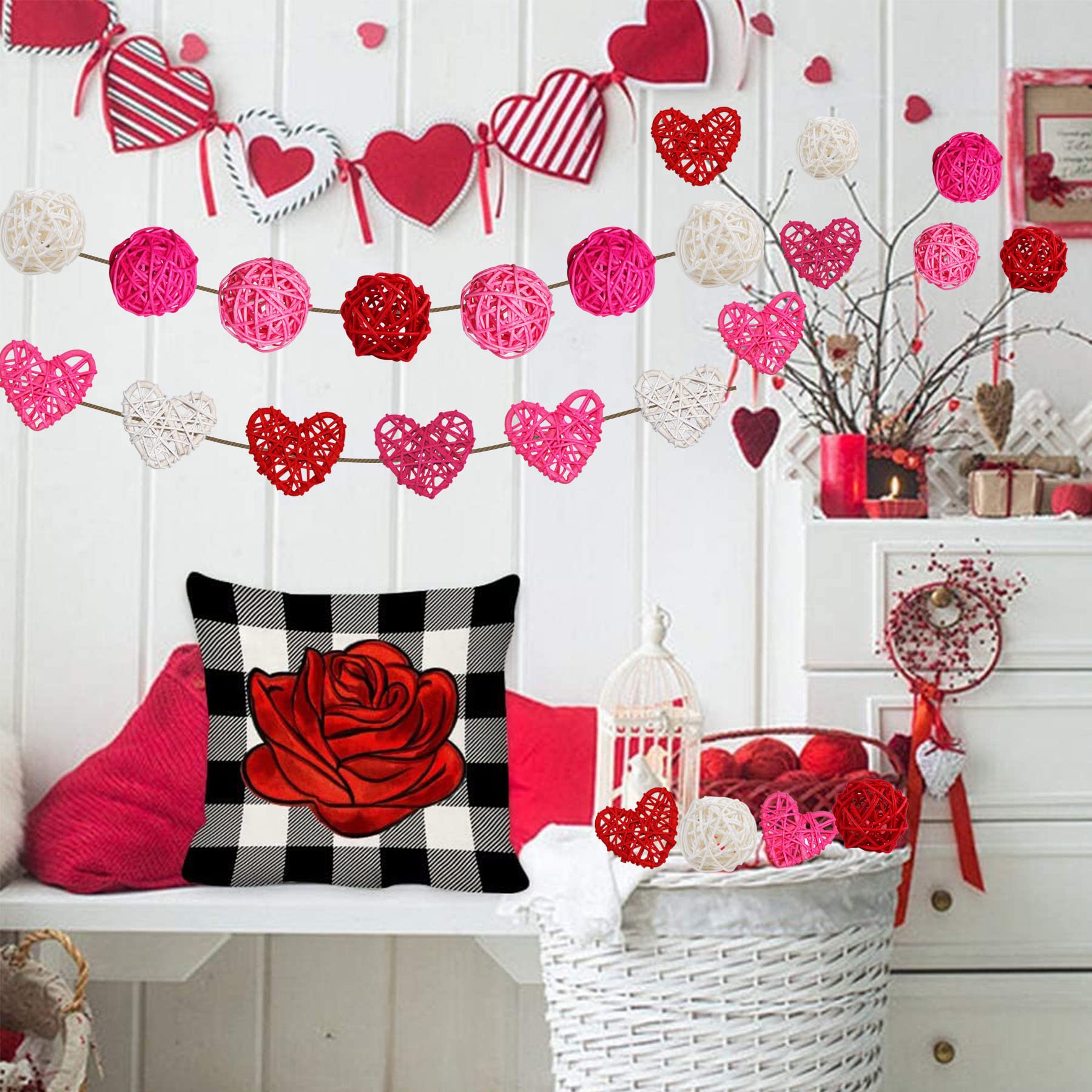 32 Pcs 2 Inch Valentine’s Day Heart & Round Rattan Balls - Natural Wicker Decor for DIY Vase Fillers, Wedding Centerpieces, Table Scatter - Perfect for Valentine’s Day, Home Decor, and Party Decorations