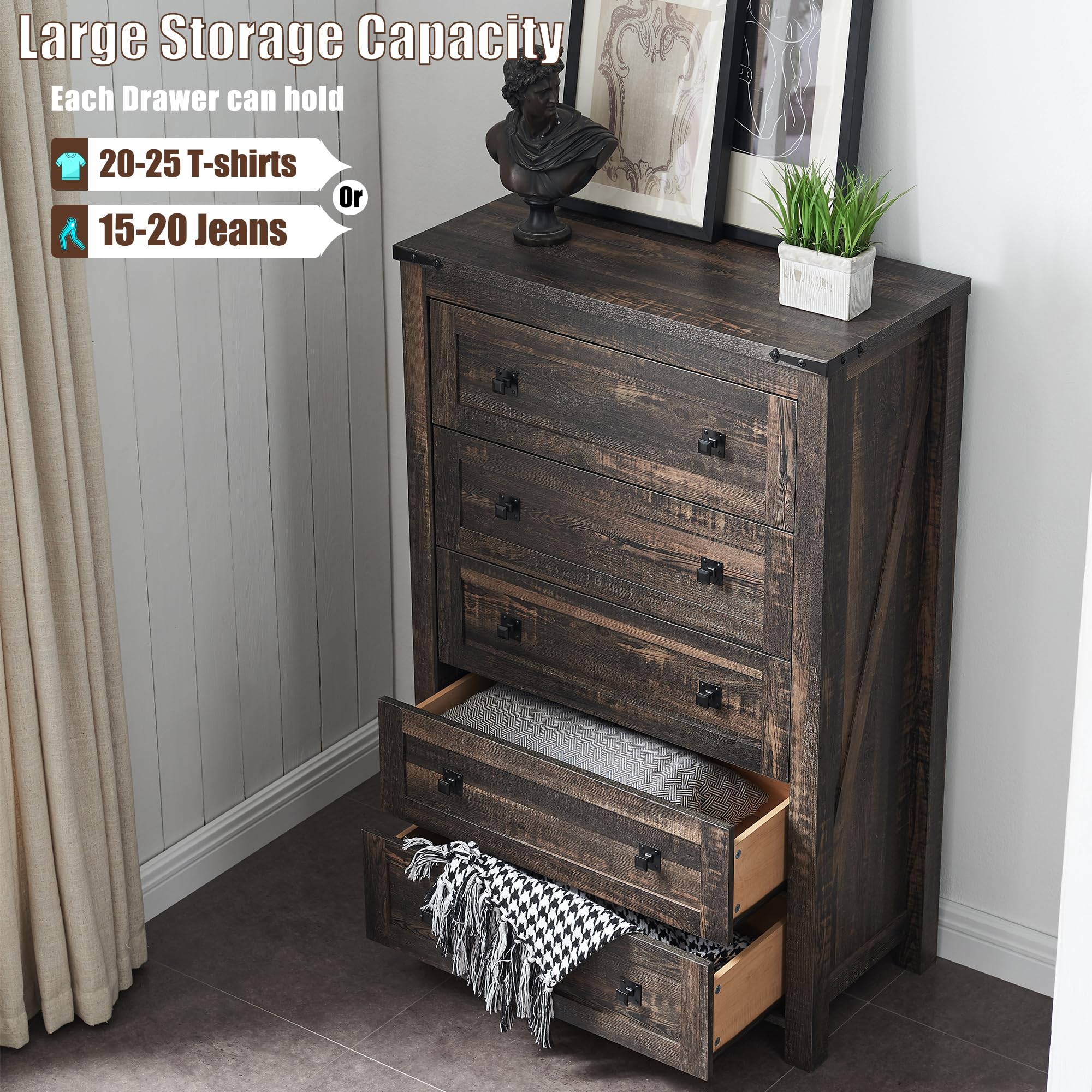 T4TREAM 5-Drawer Farmhouse Dresser - Rustic Wood Tall Chest of Drawers for Bedroom Storage | Dark Oak Organizer for Clothes, Linens & Home Decor | Perfect for Master Bedroom, Guest Room & Hallway Organization