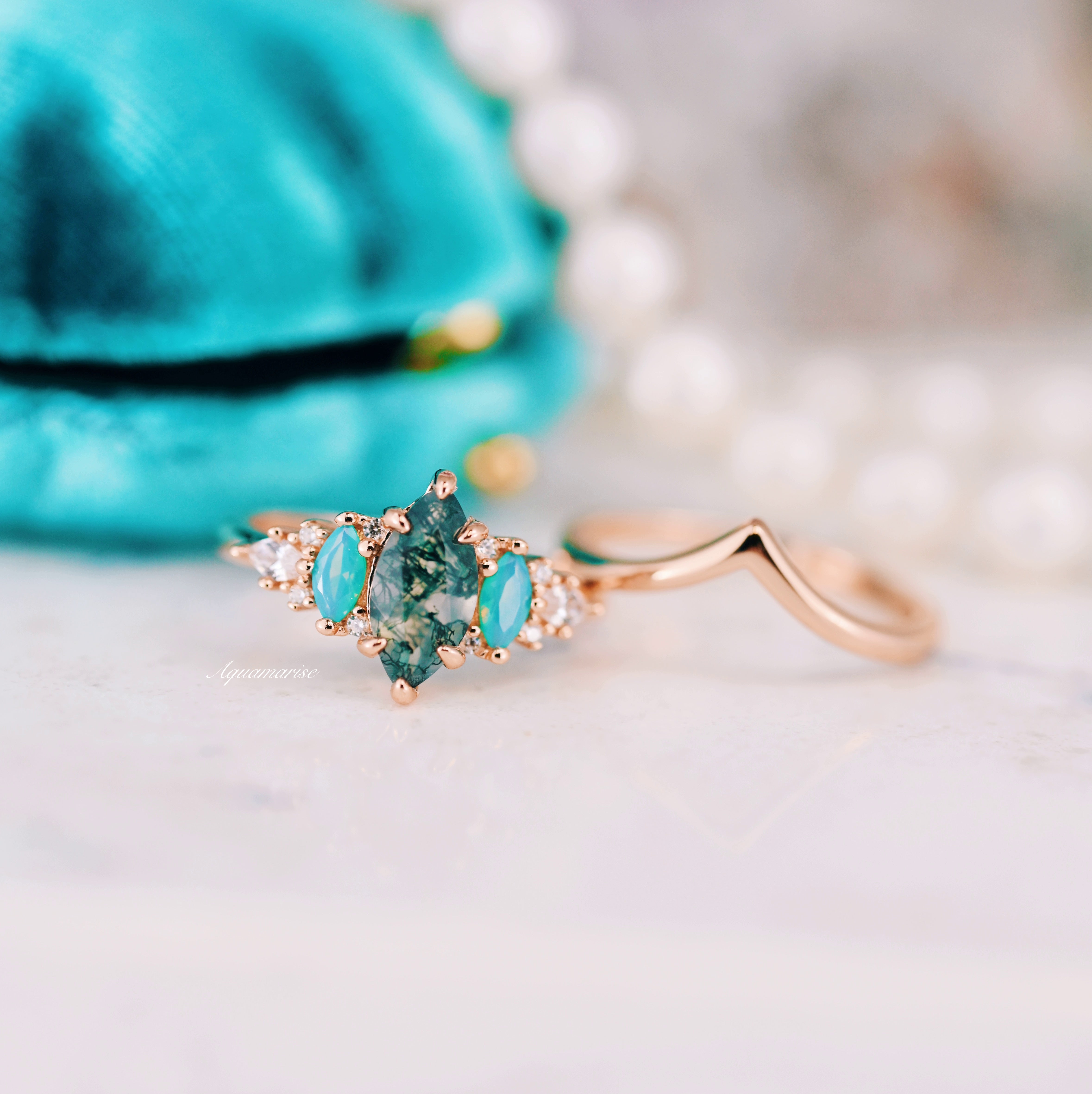 Emerie Moss Agate & Opalescent Sapphire Ring Set in 14K Rose Gold Vermeil - Elegant Stackable Rings for Women, Perfect for Weddings, Anniversaries & Everyday Wear