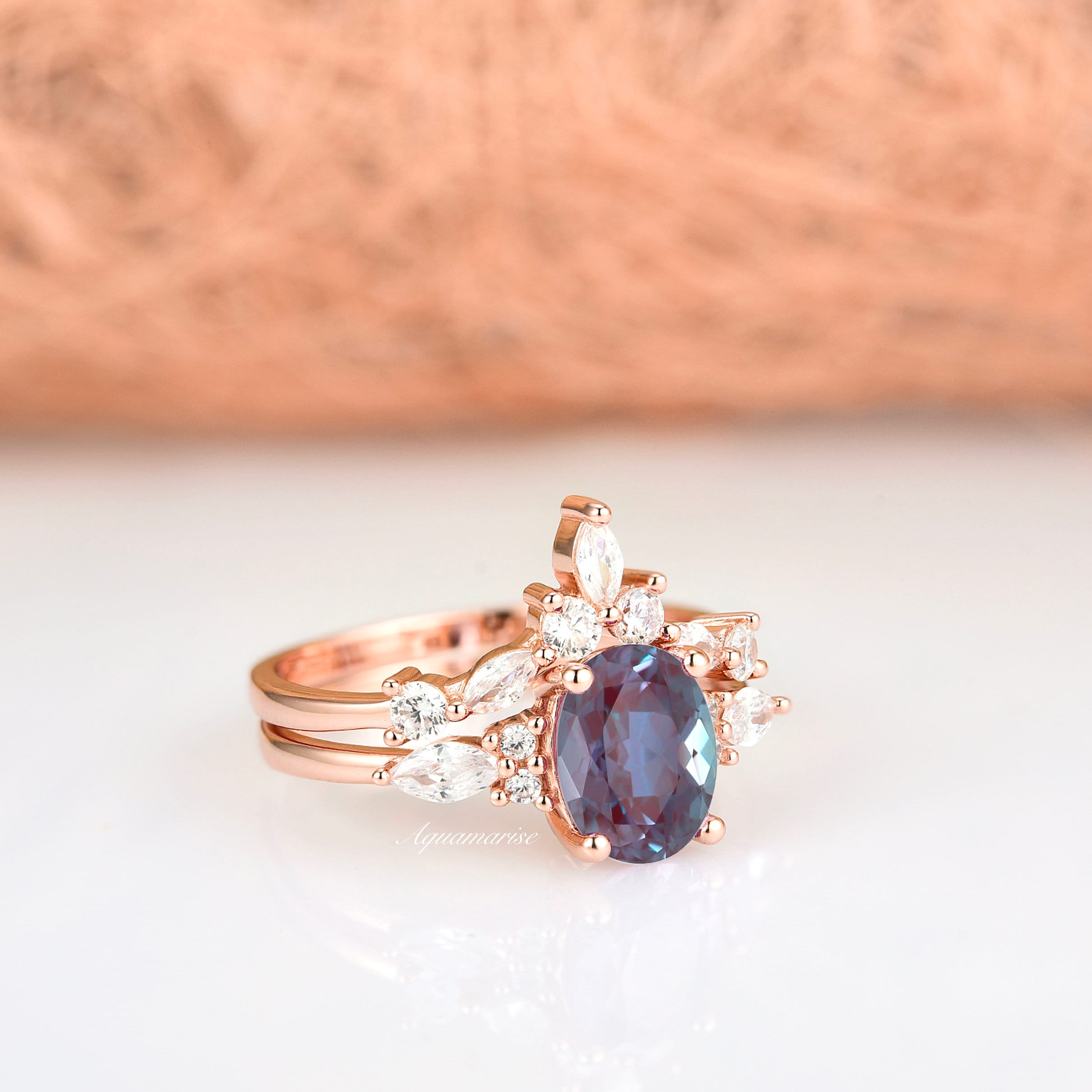Evelyn Alexandrite Ring Set - 14K Rose Gold Vermeil Jewelry for Women | Perfect for Engagement, Anniversary & Special Occasion Gifts
