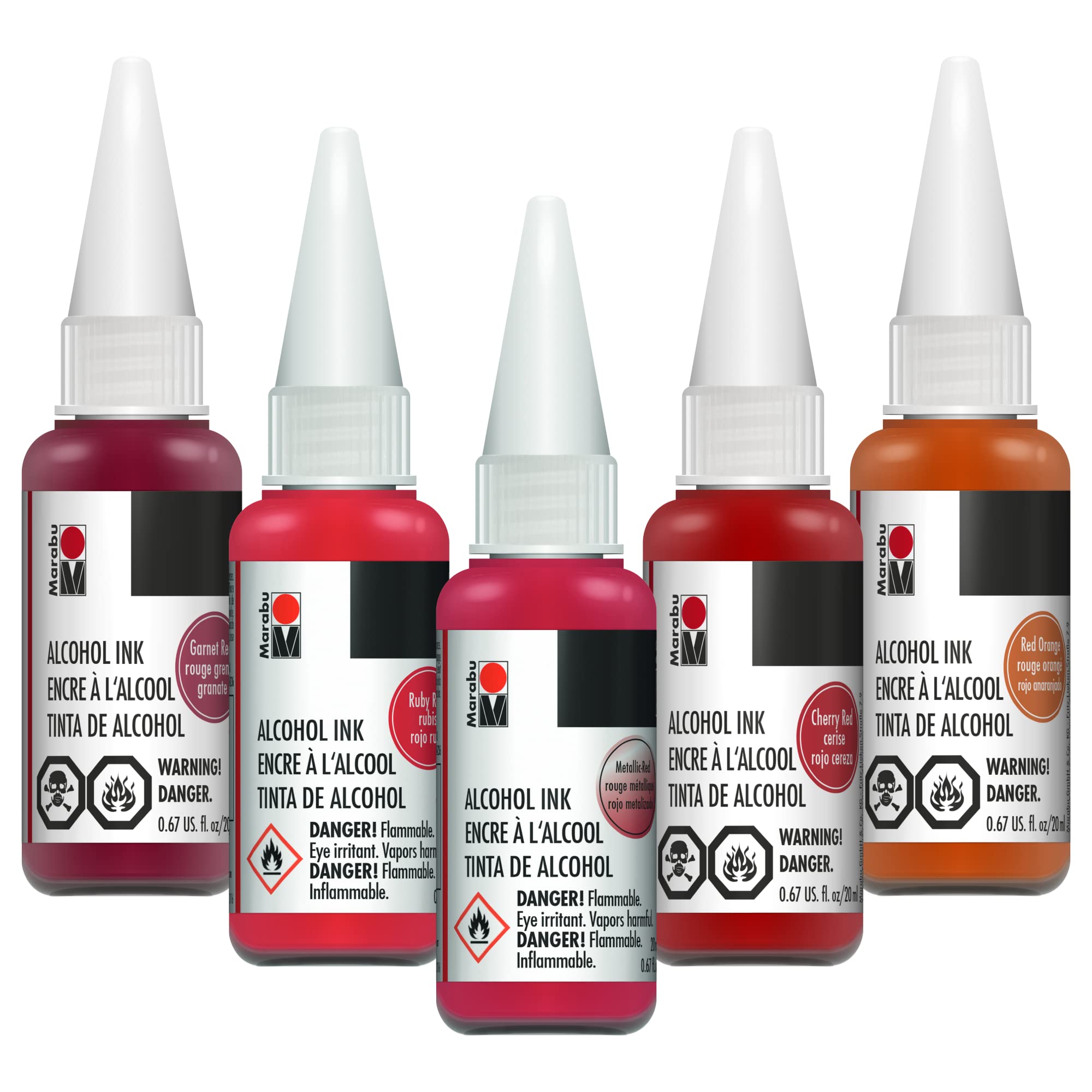 Marabu Premium Alcohol Ink Set - 5 Vibrant Colors (Ruby Red, Metallic Red, Cherry Red, Garnet Red, Red Orange) - 0.68oz Large Bottles for Epoxy Resin Art, Tumbler Cups, DIY Crafts, Glass Painting & Alcohol Ink Paper Projects - Non-Toxic Fast-Drying Ink for Artists & Crafters