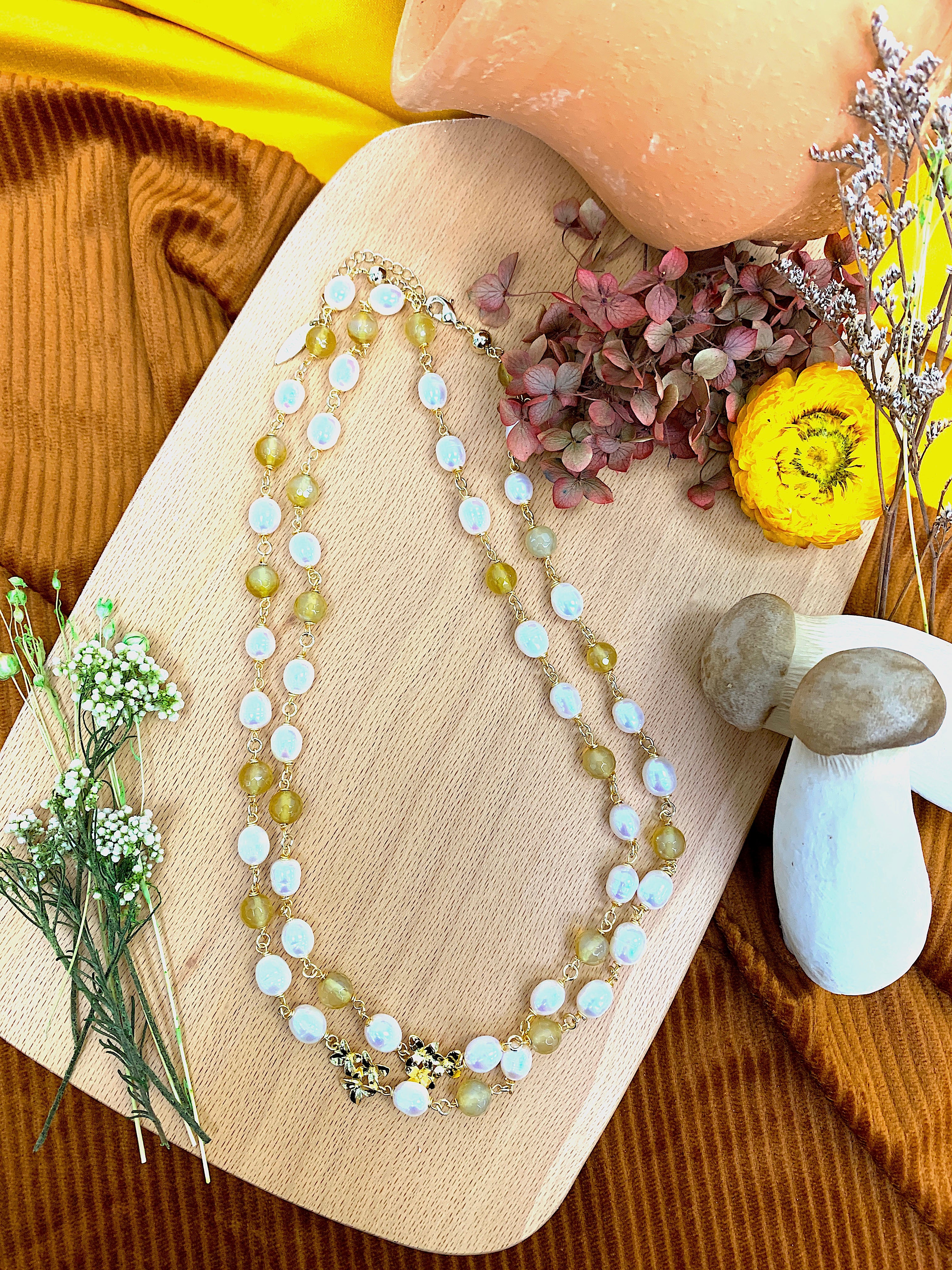 Yellow Agate & Freshwater Pearl Multi-Layer Adjustable Necklace HN021 - Perfect for Boho Chic, Beach Weddings & Everyday Elegance