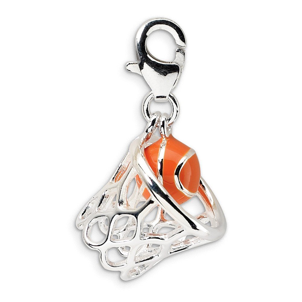 Jewels By Lux Sterling Silver 3D Enamel Basketball Charm Pendant with Lobster Clasp - Perfect for Necklaces, Bracelets & Sports Fan Jewelry Gifts