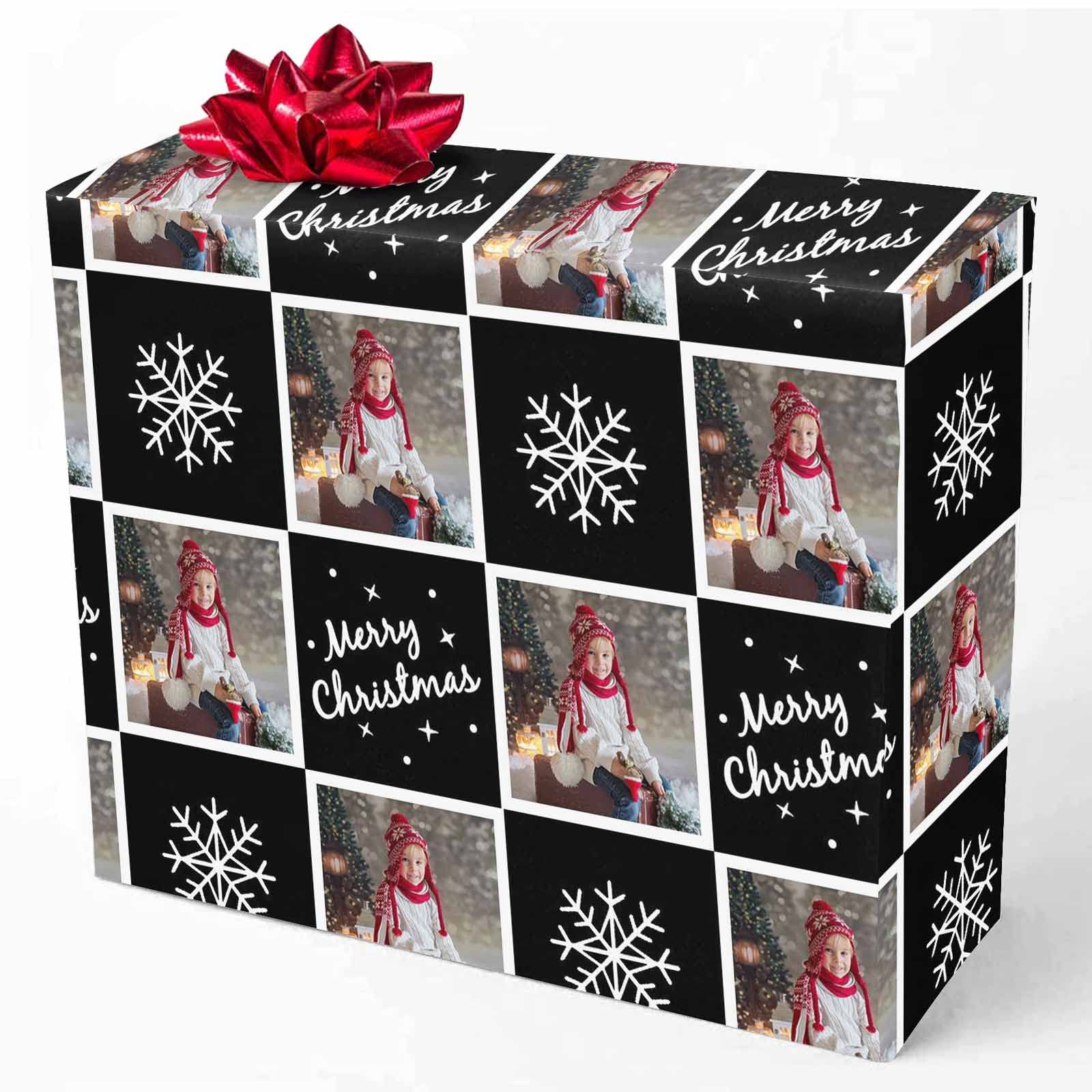 MyPupSocks Custom Photo Wrapping Paper - Personalized Christmas Snowflake Black Gift Wrap Roll (58x23 inches) for Kids, Boys & Girls - Birthday, Anniversary & Holiday Gift Wrapping - 3 Rolls - Perfect for Christmas Presents, Birthday Gifts & Special Occasions