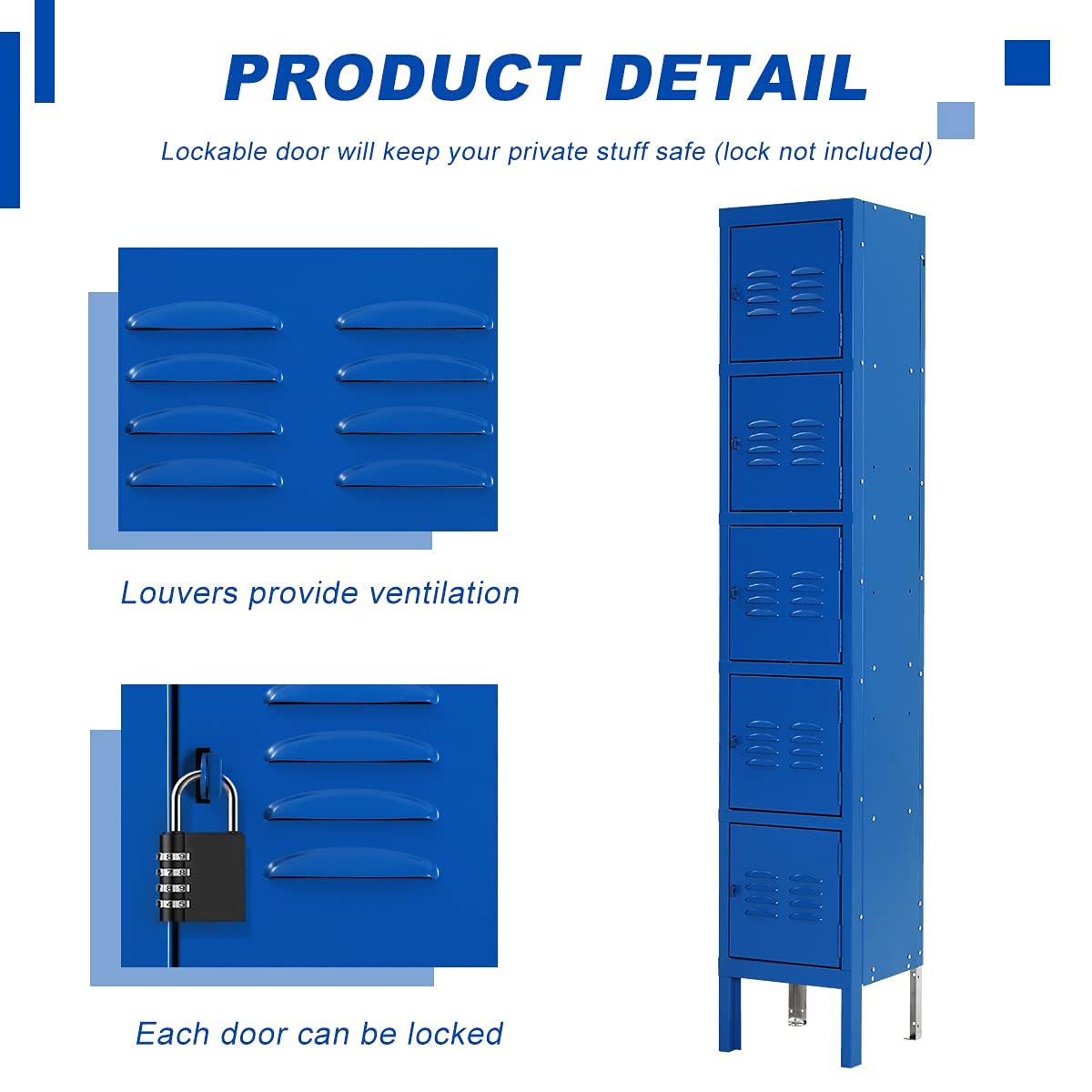 5-Tier Metal Locker Cabinet with 5 Doors - Heavy Duty Steel Storage for School, Gym, Home & Office Organization - Blue (Ideal for Sports Equipment, Books & Personal Belongings Storage)