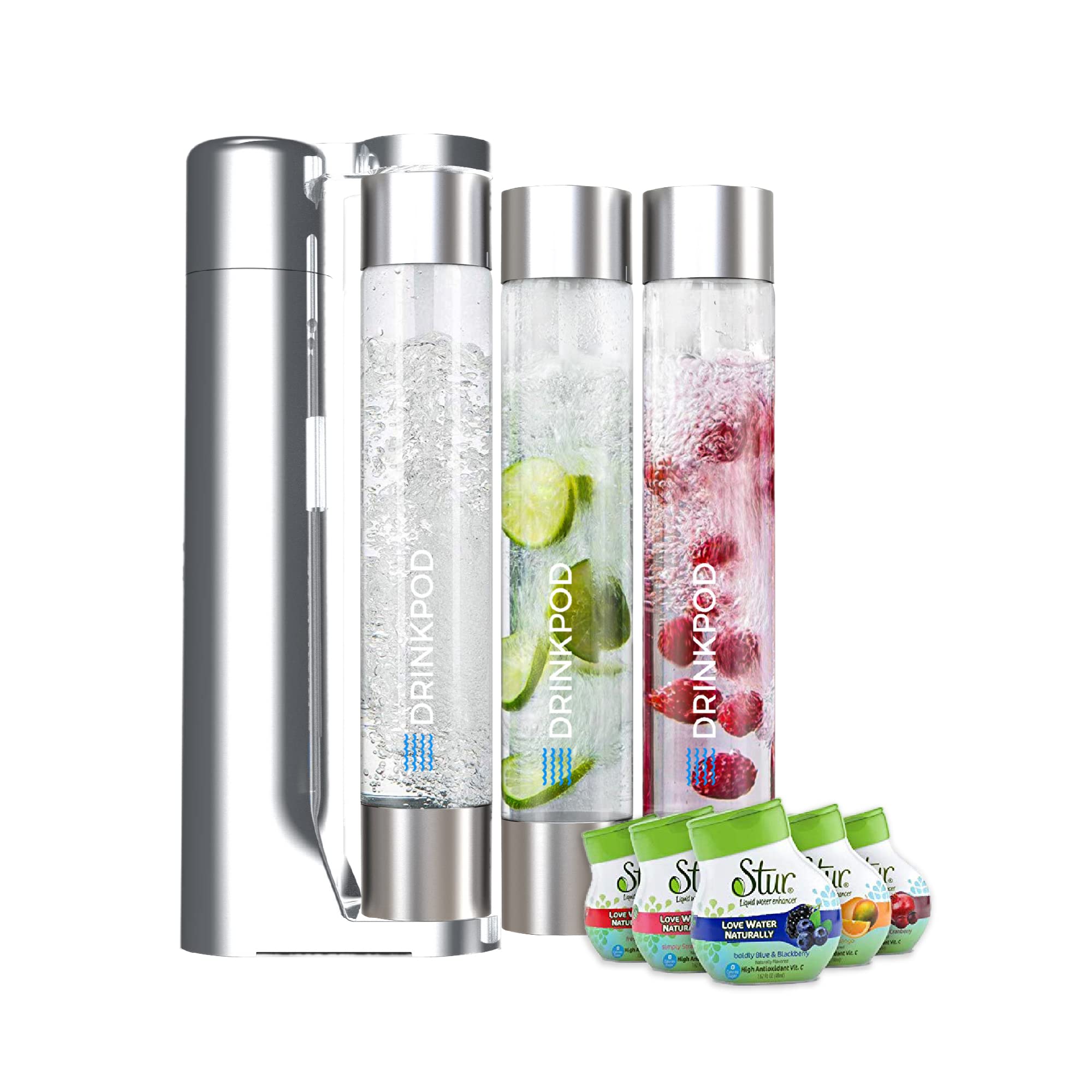 FIZZpod Soda Maker Machine - Make Sparkling Water at Home with 3 Reusable Bottles & Carbonation Kit | Create Healthy Homemade Soda, Juice, Coffee, Tea & Cocktails | Perfect for Kitchen, Office, Parties & Healthy Lifestyle (Chrome +5PK Stur Drink Mix)