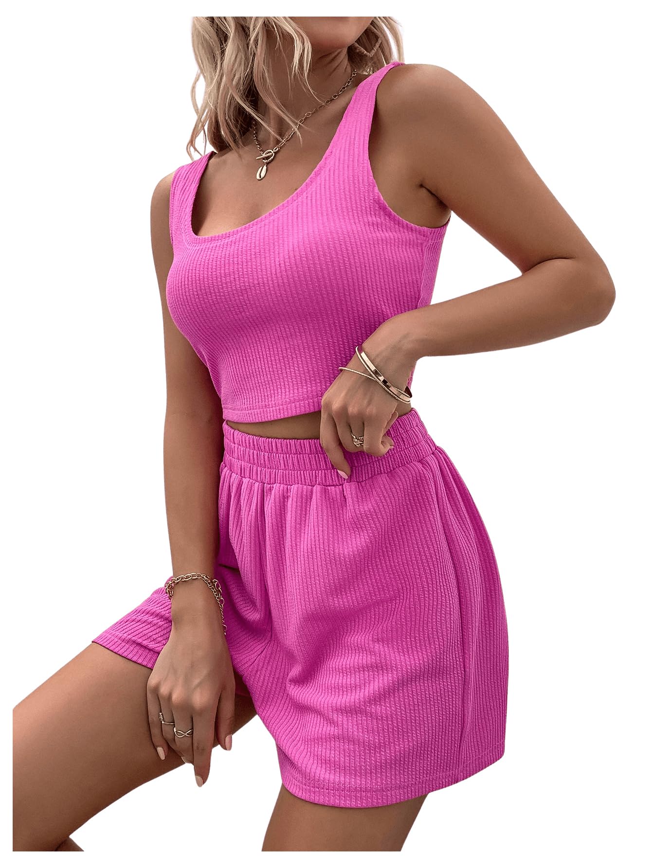 COZYEASE Women's 2 Piece Summer Outfit - Ribbed Knit Sleeveless Crop Top & Lounge Shorts Set | Casual Loungewear, Yoga, Beach, Vacation Outfits