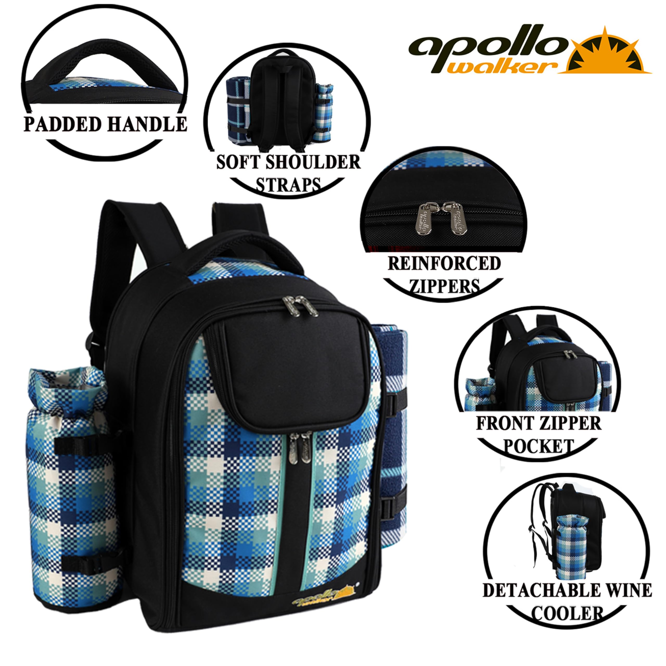 Apollo Walker 4-Person Picnic Backpack with Insulated Cooler Compartment, Detachable Wine Bottle Holder, Fleece Blanket & Complete Cutlery Set (Black) - Perfect for Outdoor Picnics, Beach Trips, Camping and Family Gatherings