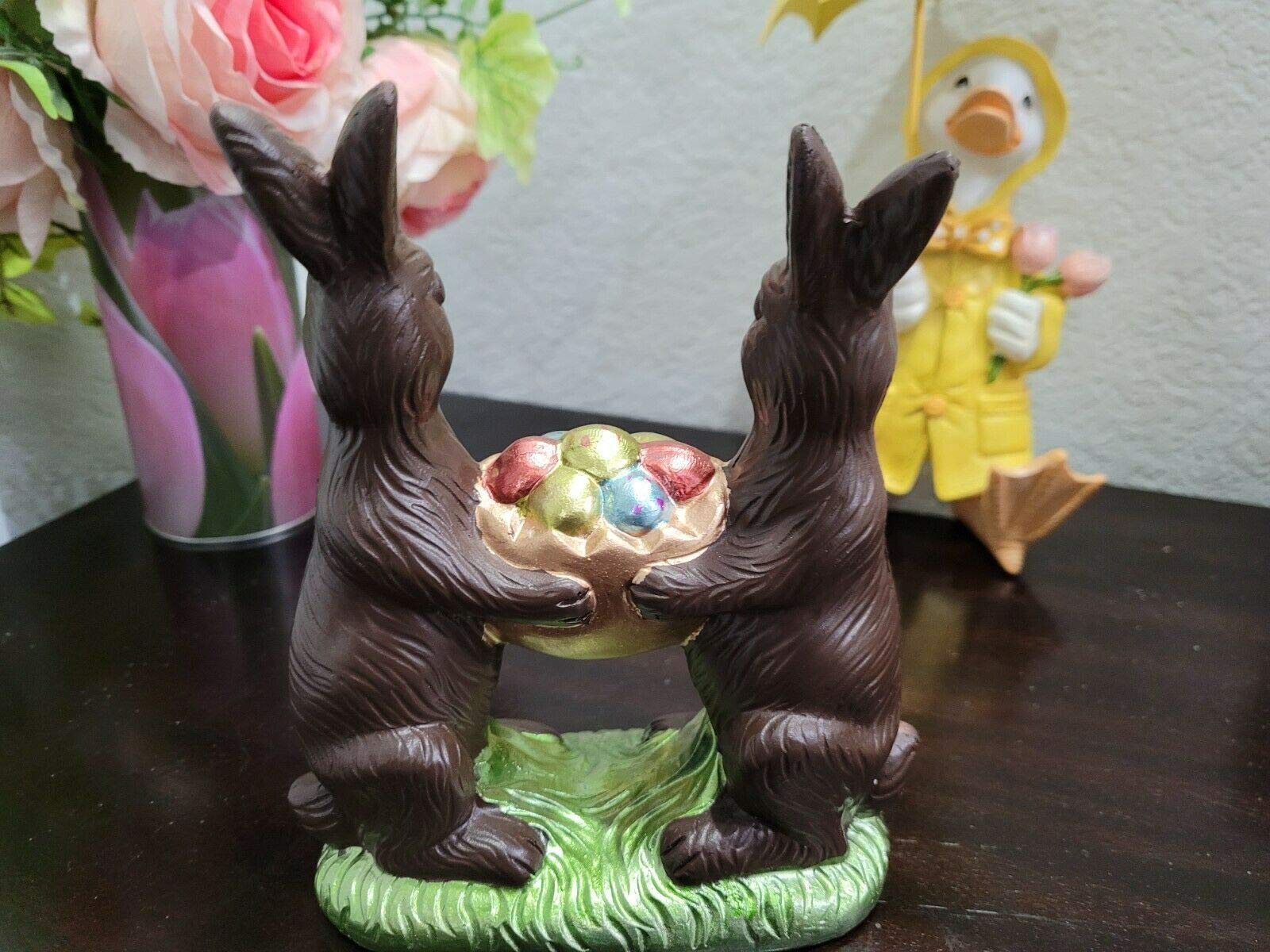 Easter Faux Chocolate Bunny Rabbit Basket with Eggs - Spring Tabletop Decor for Home, Office, Party Centerpiece - Cute Easter Decoration for Mantel, Dining Table, and Holiday Display