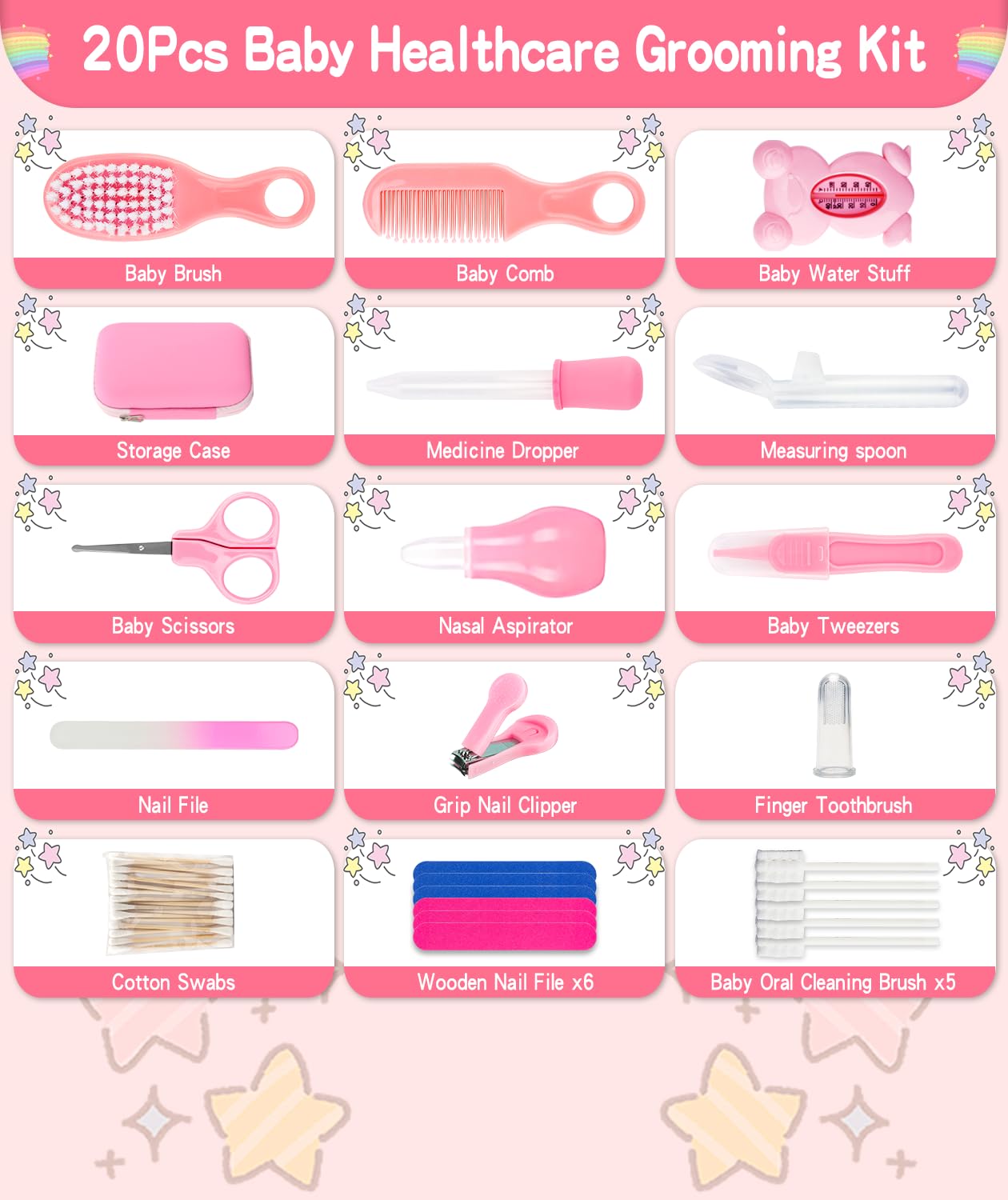 20-in-1 Portable Baby Grooming & Healthcare Kit - Hair Brush, Comb, Nail Clipper, Nasal Aspirator for Newborns & Infants (Pink) - Perfect for Nursery, Travel & Home Baby Care Essentials