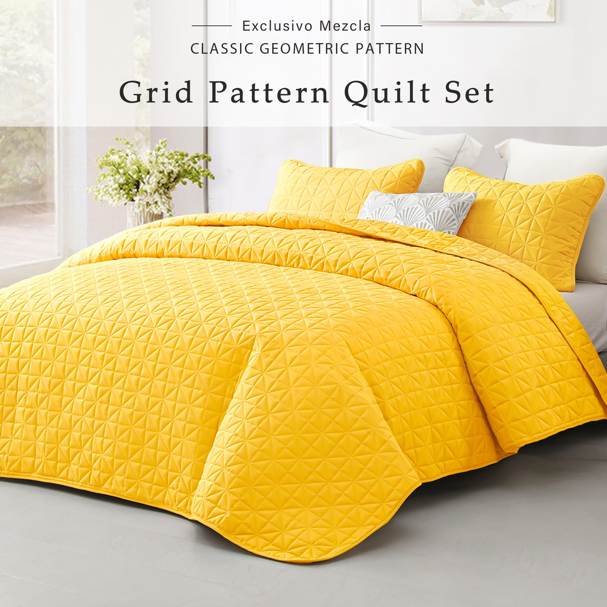Exclusive Stitched Grid Pattern King Size Quilt Set - Lightweight Yellow Bedspread & 2 Pillow Shams, All Seasons Bedding Cover | Perfect for Master Bedroom, Guest Room & Cozy Home Decor