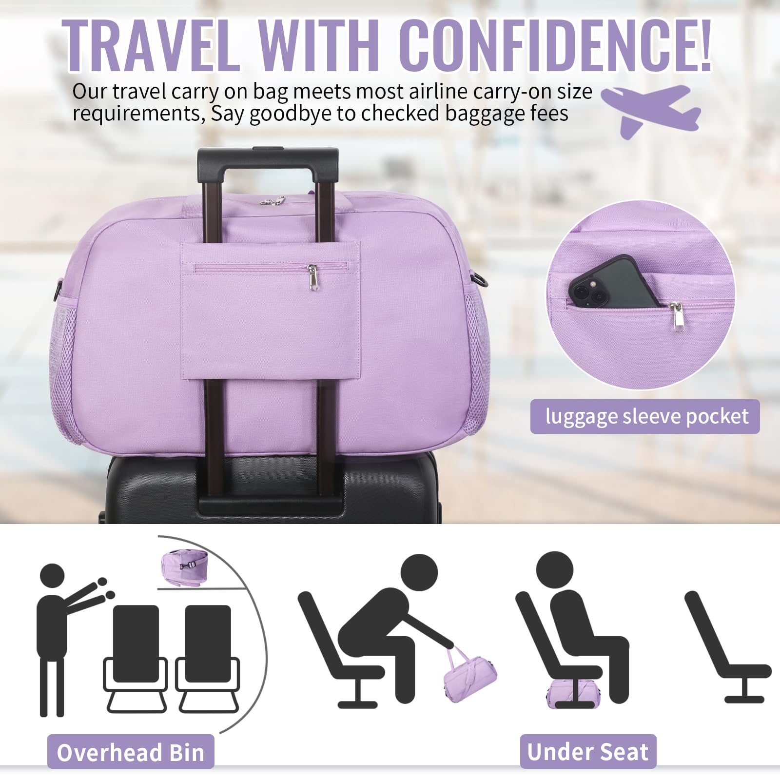 VOOWO 35L Weekender Duffle Bag for Women - Large Travel Duffel with Laptop Compartment, Airplane Carry On & Overnight Bag | Perfect for Weekend Getaways, Business Trips & Gym (Purple)
