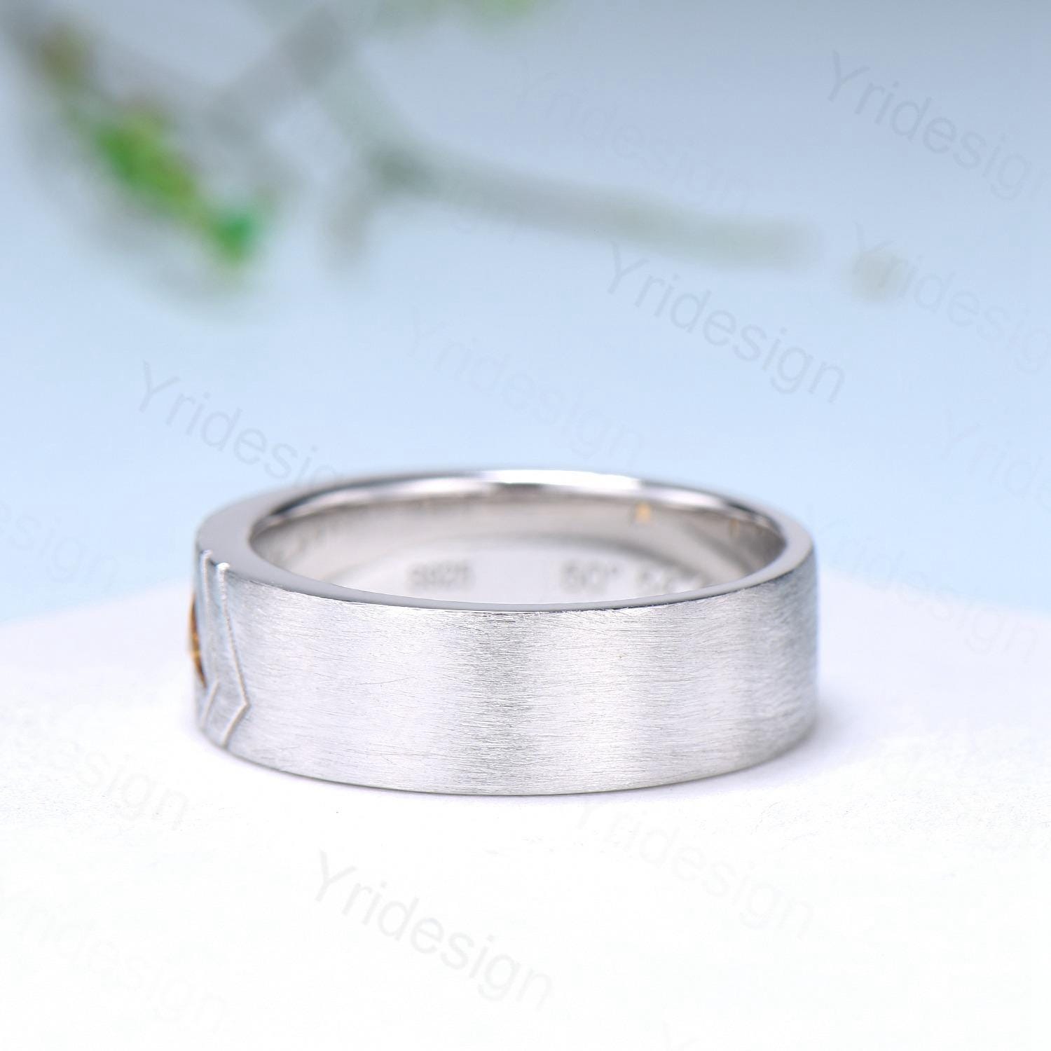 6mm Men's Citrine Wedding Ring - Trillion Cut Solitaire Band in Brushed Silver or White Gold - Unique Anniversary Gift for Him - Perfect for Engagements, Weddings & Special Occasions