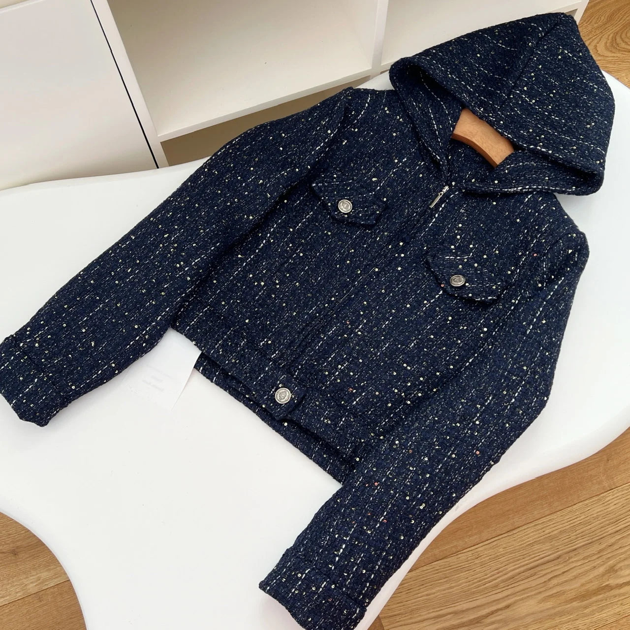 Vintage French Fashion Women's Blue Long Sleeve Hooded Zipper Jacket - Elegant Winter Coat for Ladies, Autumn Outerwear, Casual Vacation Wear & Daily Street Style