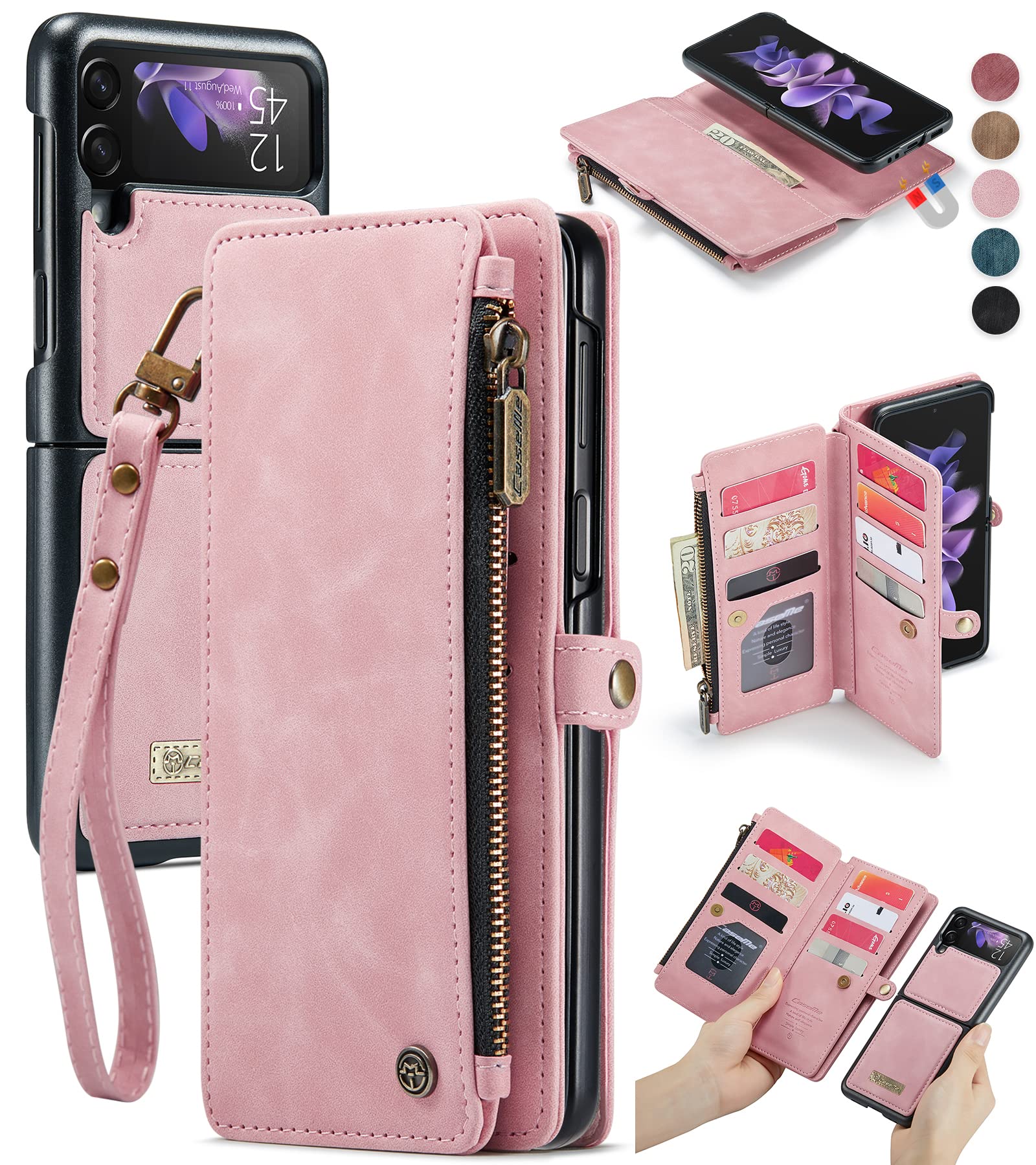 Samsung Galaxy Z Flip 3 Wallet Case with RFID Blocking Card Holder - Detachable PU Leather Magnetic Flip Cover with Zipper Strap | Perfect for Everyday Use, Travel & Business (Rose Pink)