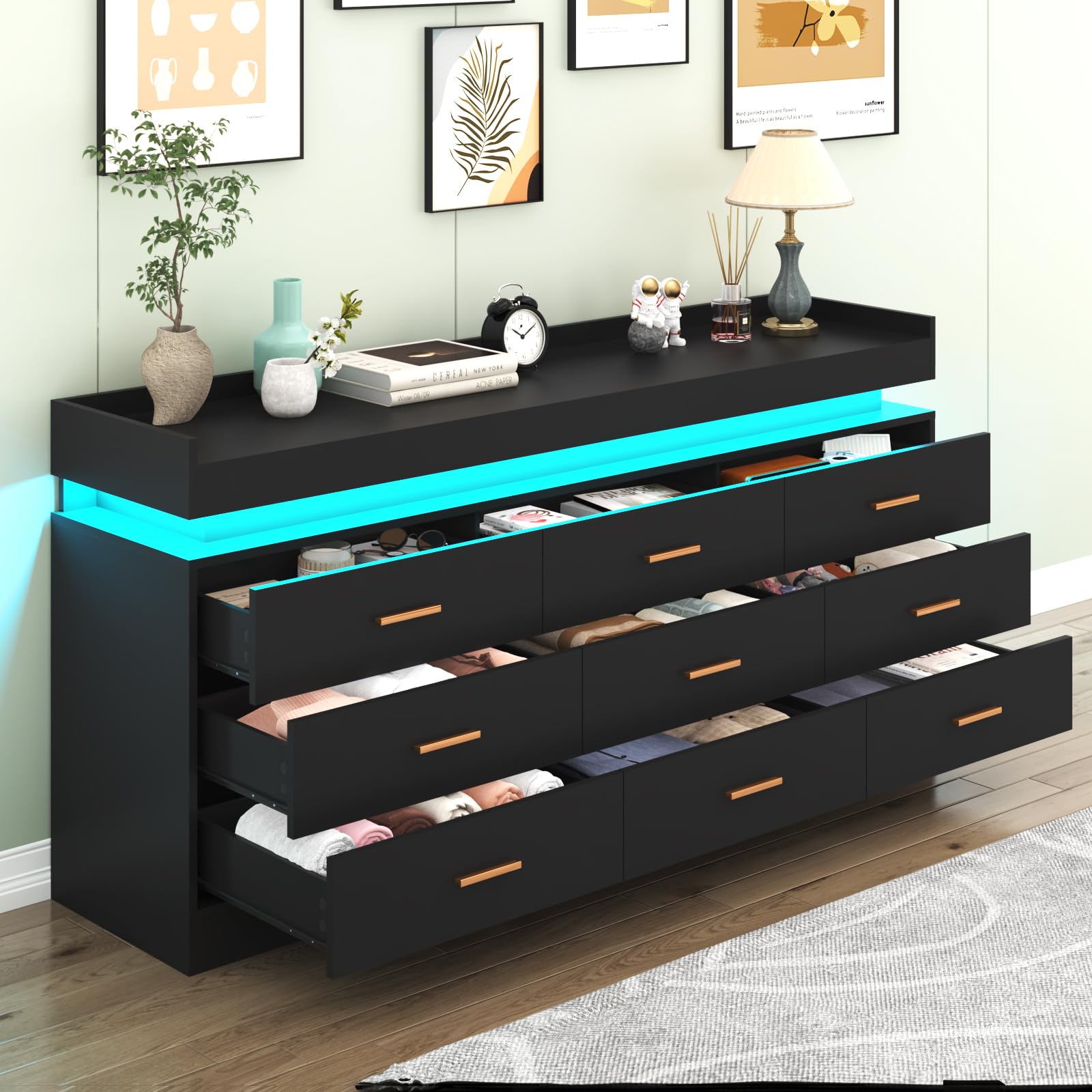 9-Drawer LED Dresser with USB Charging Station - Modern Black Chest of Drawers for Bedroom, Closet & Entryway - Spacious Storage Cabinet with Wide Drawers for Clothes, Accessories & Home Organization - Perfect for Small Spaces, Apartments & Dorm Rooms