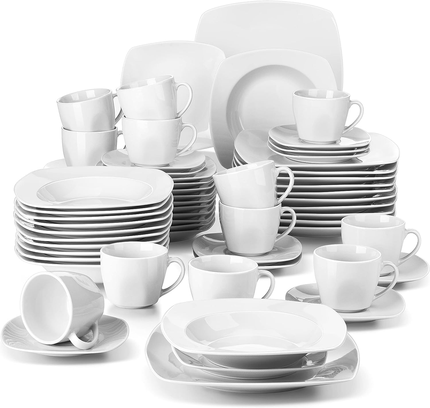 MALACASA 60-Piece Porcelain Dinnerware Set for 12 - Square Plates, Bowls, Cups & Saucers in Modern Gray White | Julia Series | Perfect for Family Dinners, Restaurants & Entertaining Guests