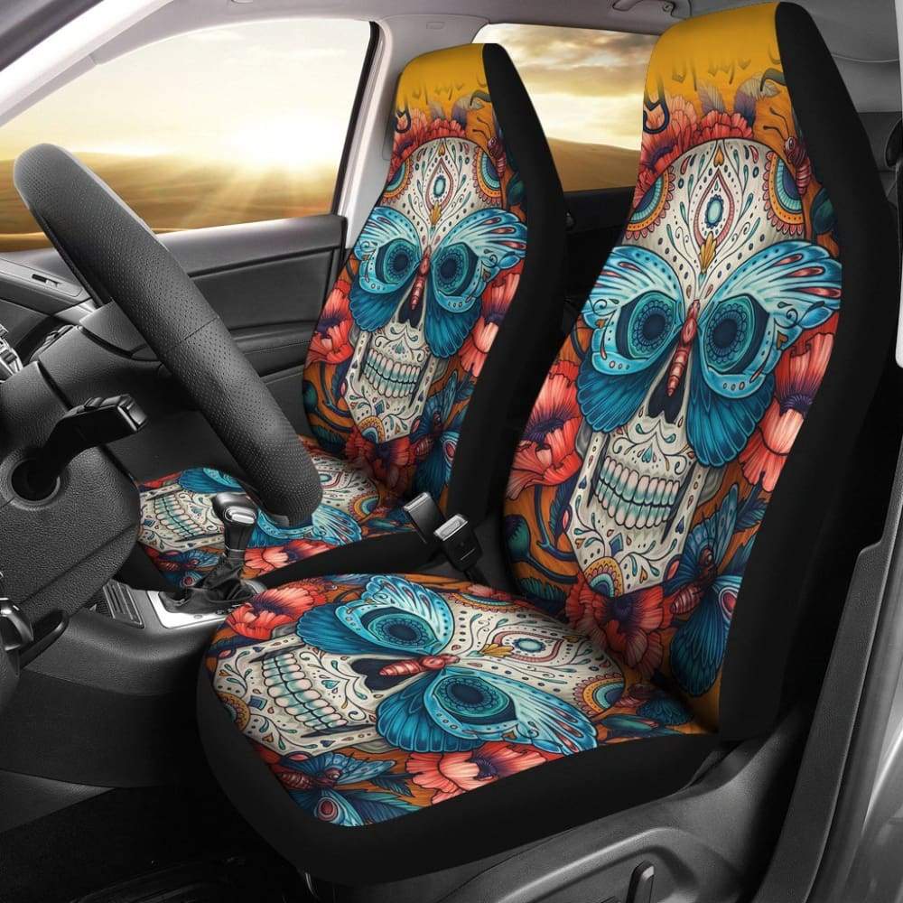 2 Pcs Sugar Skull Car Seat Covers - Halloween Dia de Los Muertos Decor - Universal Fit for Cars, Trucks & SUVs - Perfect for Halloween Parties, Day of the Dead Celebrations & Car Decorations