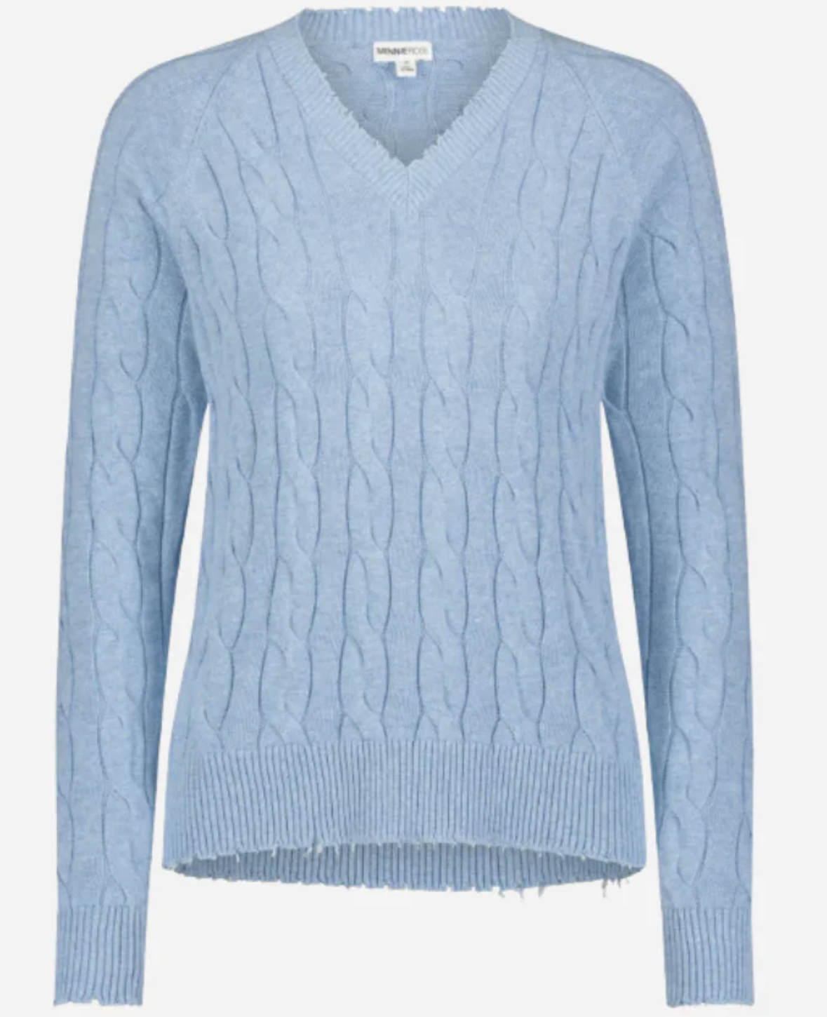 Minnie Rose Women's Cable Knit V-Neck Frayed Sweater - Cozy Pullover for Fall & Winter, Casual Outfit for Date Night & Office Wear