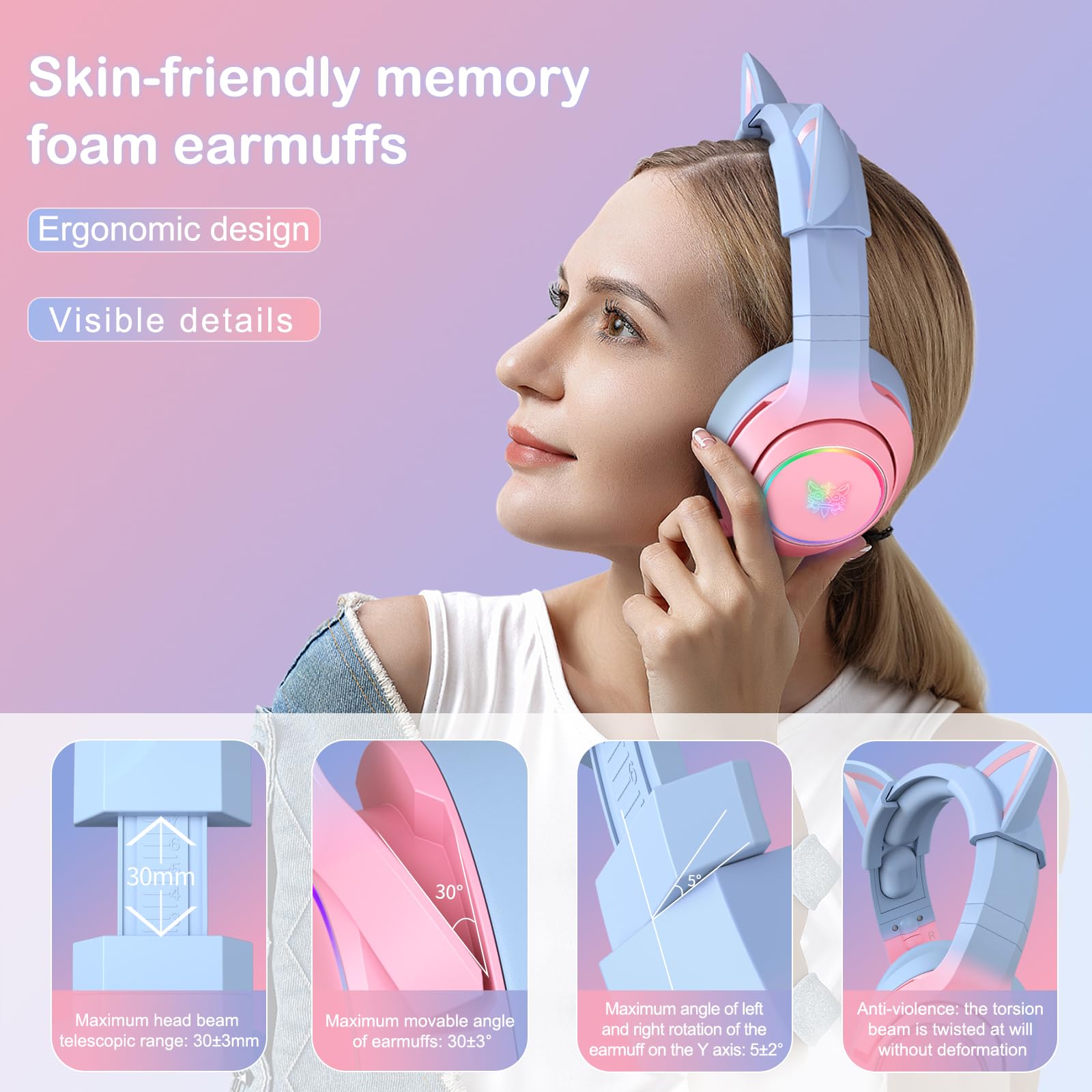 PHNIXGAM RGB Gaming Headset with Retractable Mic - Cat Ear Headphones for PS5, PS4, Xbox One (No Adapter), PC & Mobile - 7.1 Surround Sound, Gradient Pink Blue - Perfect for Gaming, Streaming & Online Classes
