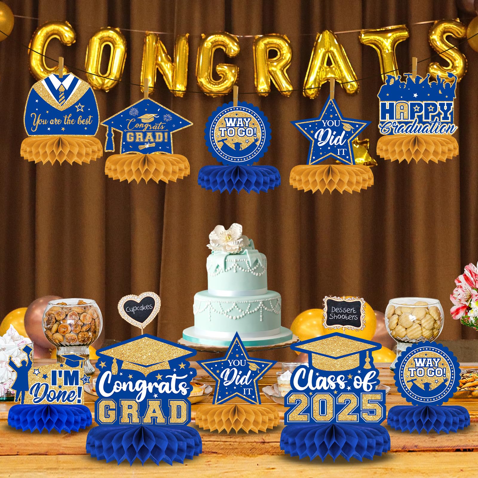 8-Piece Class of 2025 Graduation Decor Set - Blue & Gold Honeycomb Centerpieces, Table Toppers for 2025 Grad Party | Perfect for Graduation Ceremony Decorations, Senior Night, and College Celebration Decor