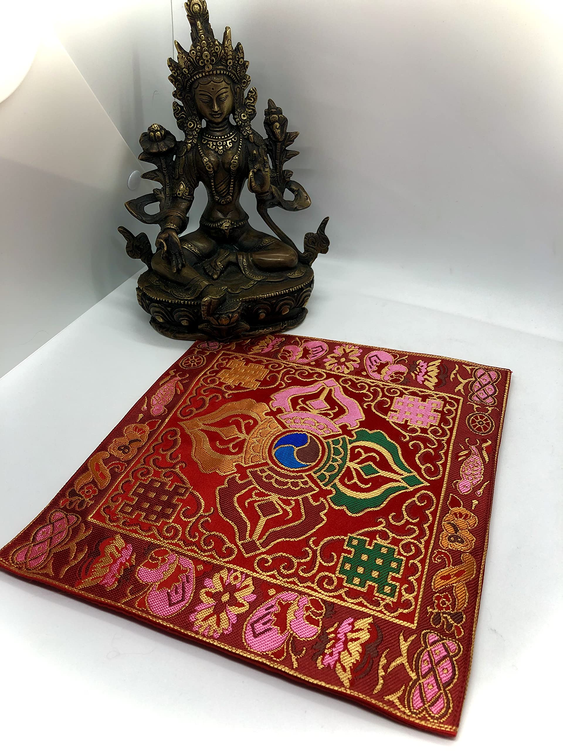 Tibetan Buddhist Red Double Dorje Silk Brocade Altar Cloth - Sacred Table Cover for Meditation, Shrine Decor & Spiritual Ceremonies