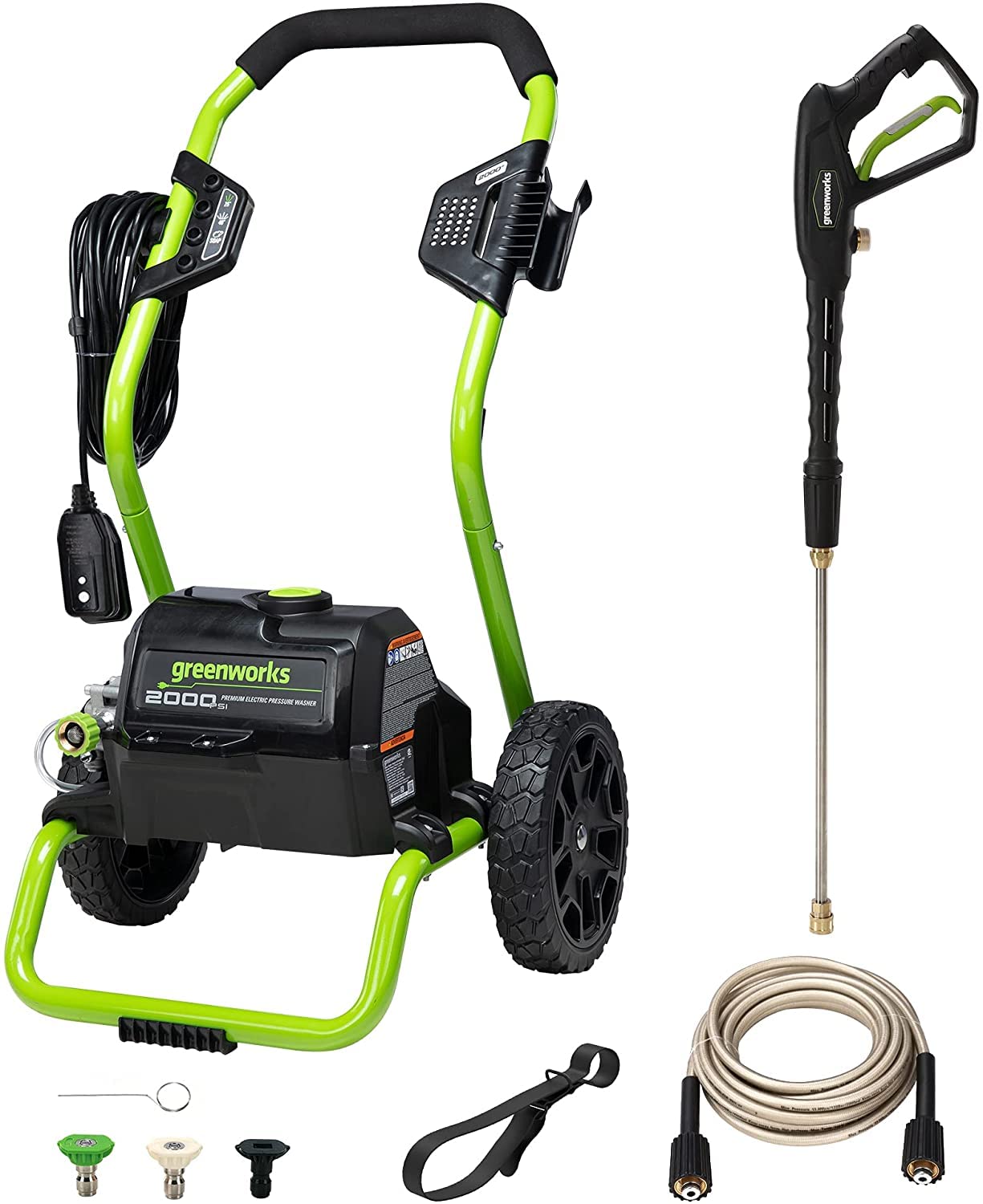 Greenworks 2000 PSI 13 Amp Electric Pressure Washer with Wheels, 20 FT Hose & 35 FT Power Cord - Perfect for Cleaning Cars, Fences, Patios, Driveways, Decks & Outdoor Surfaces
