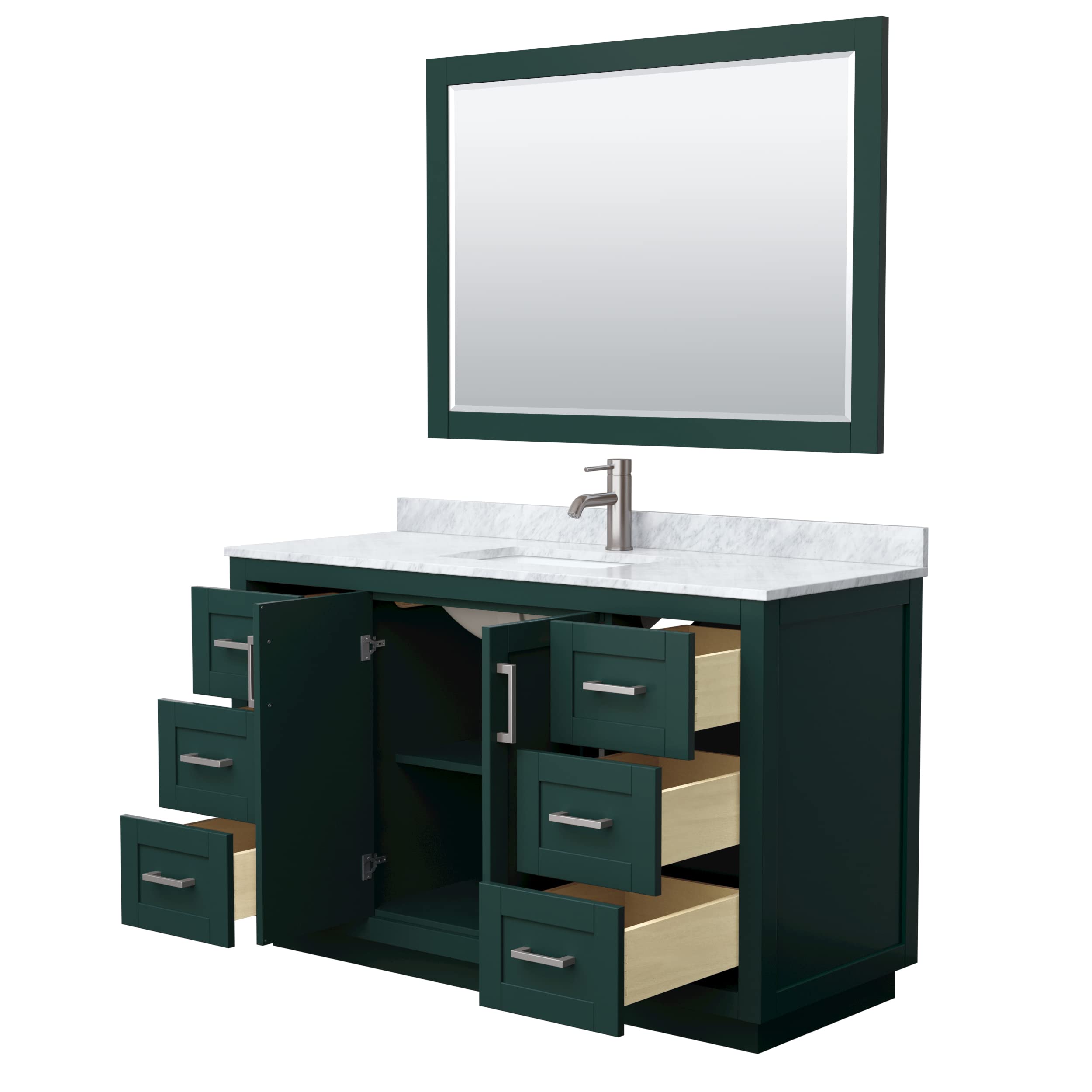 Wyndham Collection Miranda 54 Inch Single Bathroom Vanity in Green with White Carrara Marble Countertop, Undermount Square Sink & Brushed Nickel Trim - Includes 46 Inch Mirror for Modern Bathroom Decor (Perfect for Master Bath, Guest Bath & Small Space Remodels)