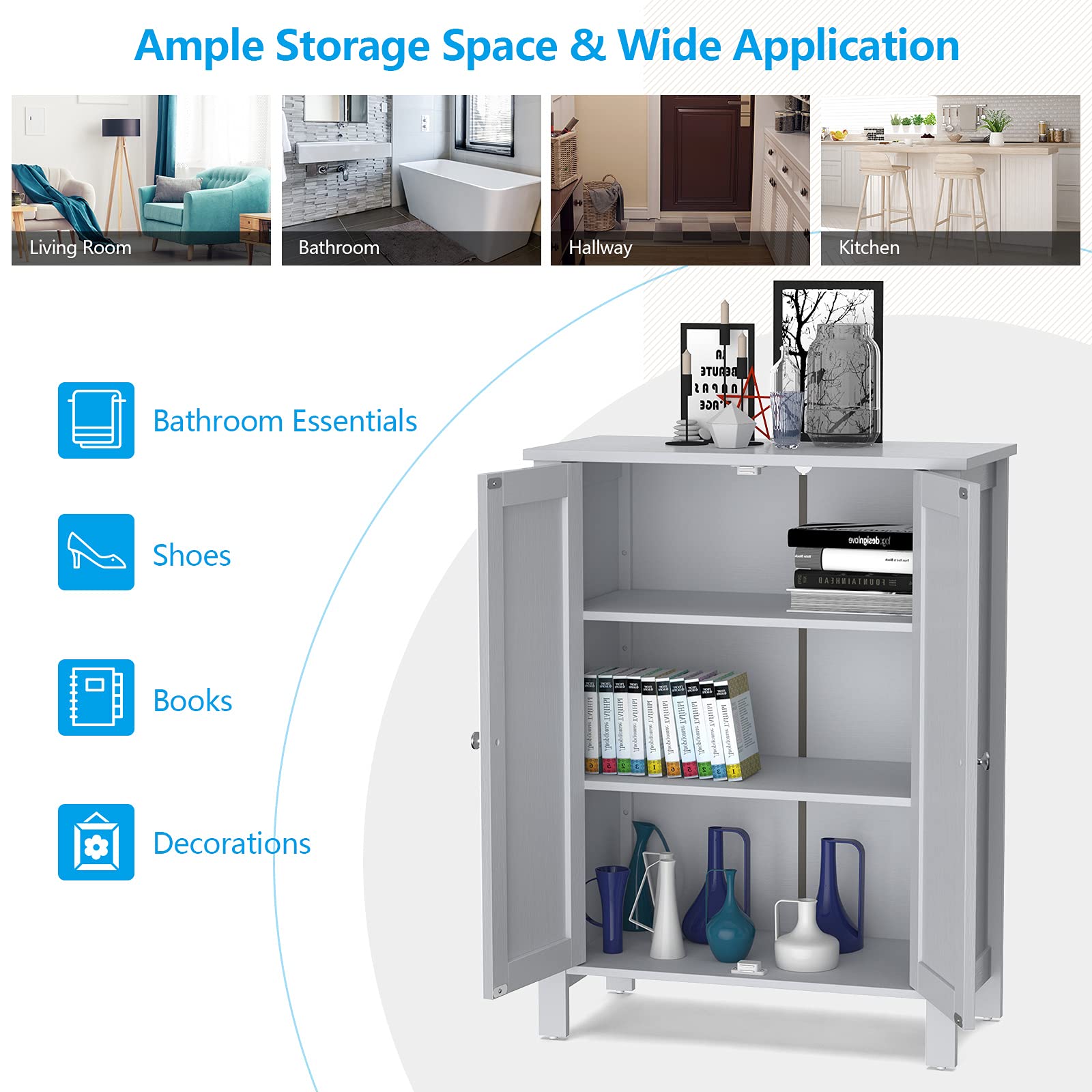 GOFLAME 3-Tier Adjustable Bathroom Storage Cabinet with Double Doors - Freestanding Wooden Organizer for Bathroom, Living Room & Kitchen - Grey | Space-Saving Home Storage Solution for Towels, Toiletries & Cleaning Supplies