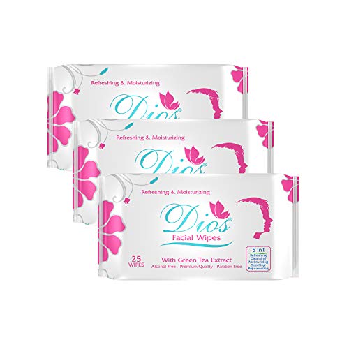 Dios Daily Cleansing Face Wipes with Green Tea Extract & Vitamin E - 25 Count (Pack of 3) | Gentle Makeup Remover & Skin Refreshing Wipes for Travel, Gym & On-The-Go