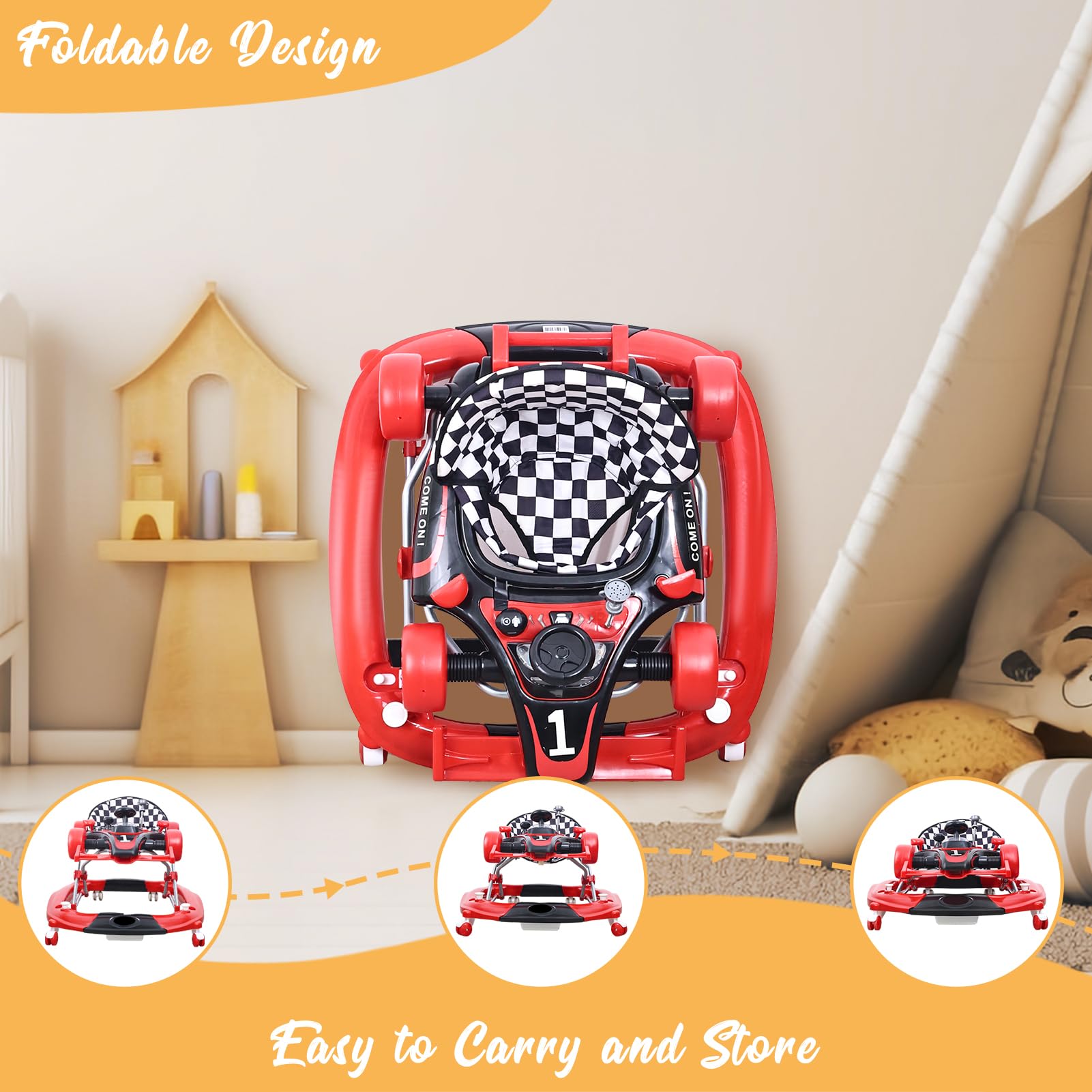 Baby Walker with Wheels & Activity Center - Anti-Rollover Design, Adjustable Height (4 Levels), Foldable & Comfortable Seat with Footrest | Includes Steering Wheel, Music & Lights for Boys & Girls 6-18 Months | Perfect for Learning to Walk & Indoor Playtime