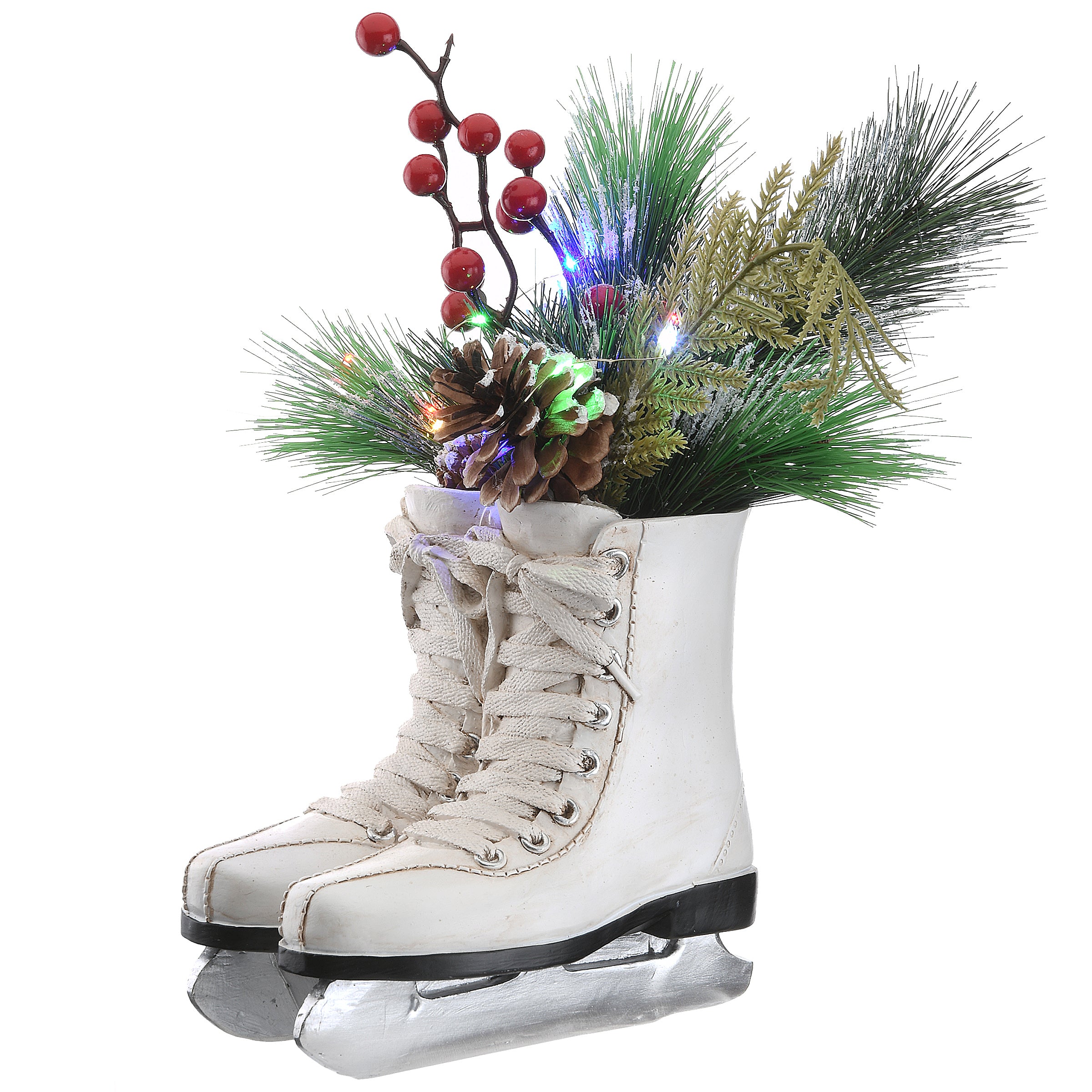 12 Inch Pre-Lit White Artificial Ice Skates with Evergreen Arrangement - Perfect for Christmas Tree Decor, Winter Wedding Centerpieces & Holiday Home Decor