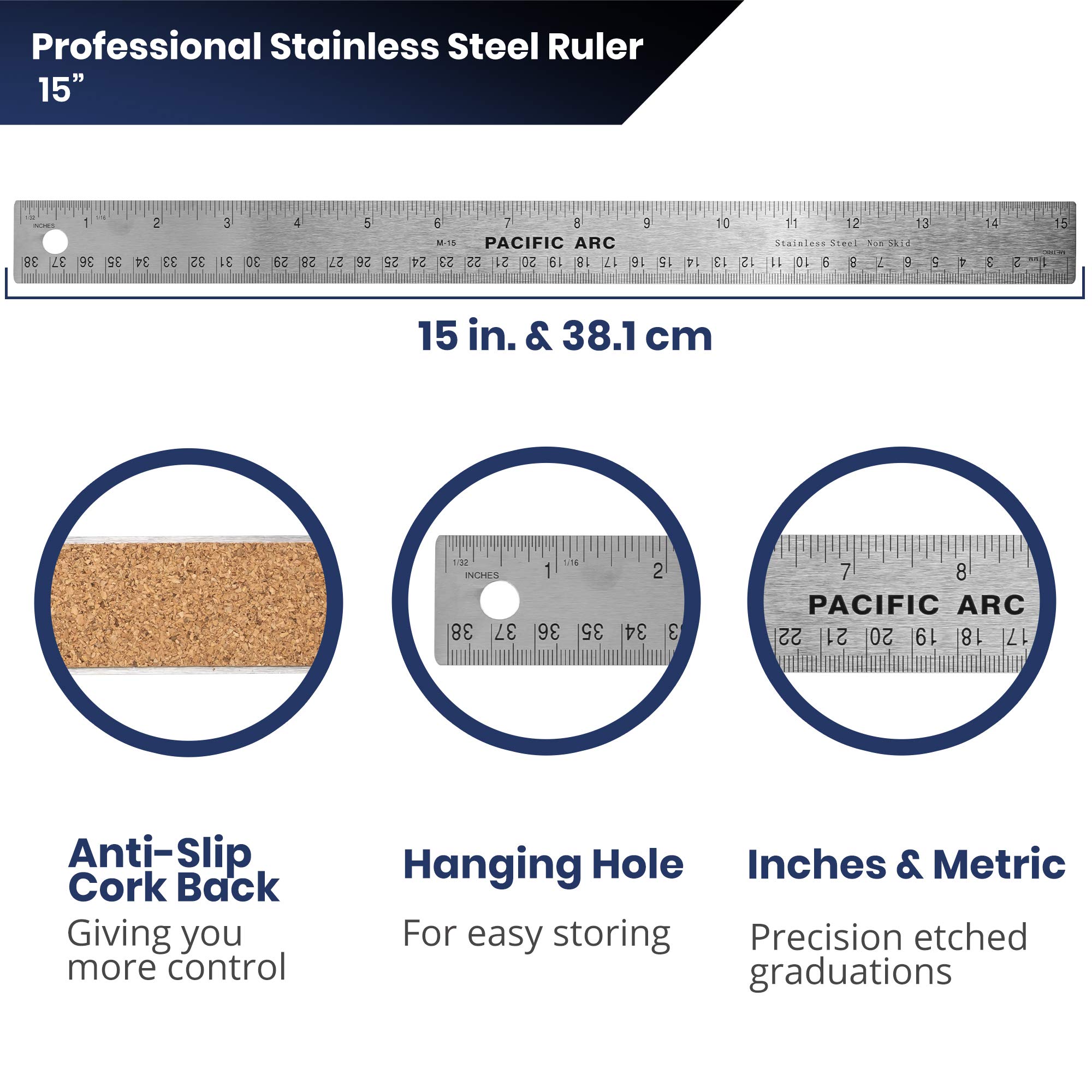 Pacific Arc 15 Inch Stainless Steel Ruler with Non-Slip Cork Back - Dual Inch & Metric Scale for Precision Measuring | Perfect for Engineering, Drafting, School & Office Use