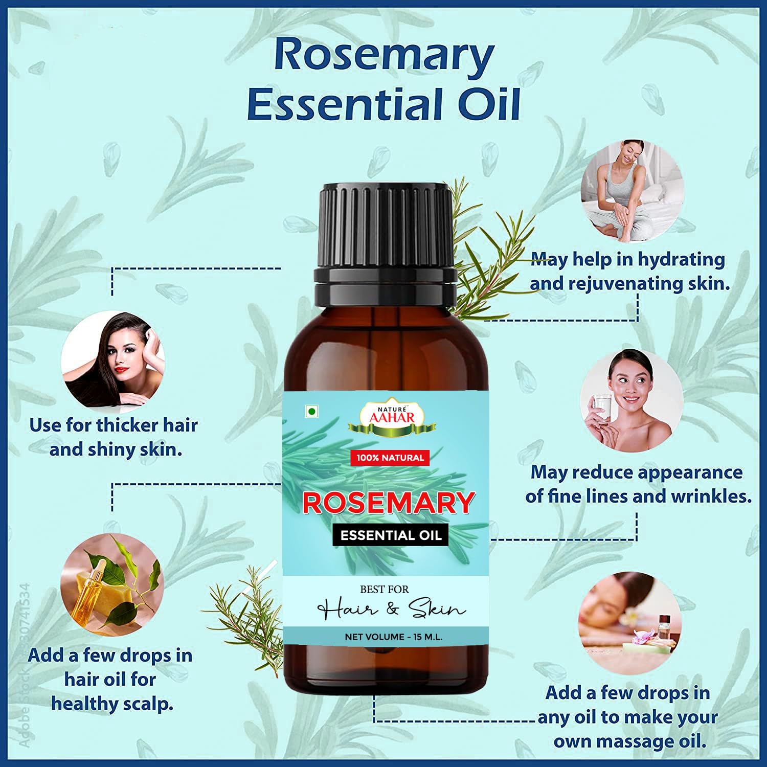 Pure Rosemary Essential Oil & Dried Rosemary Leaves Combo (15ml Oil + 100g Leaves) for Hair Growth, Skin Care & Aromatherapy | Natural Face Serum, Scalp Treatment & Cooking Ingredient