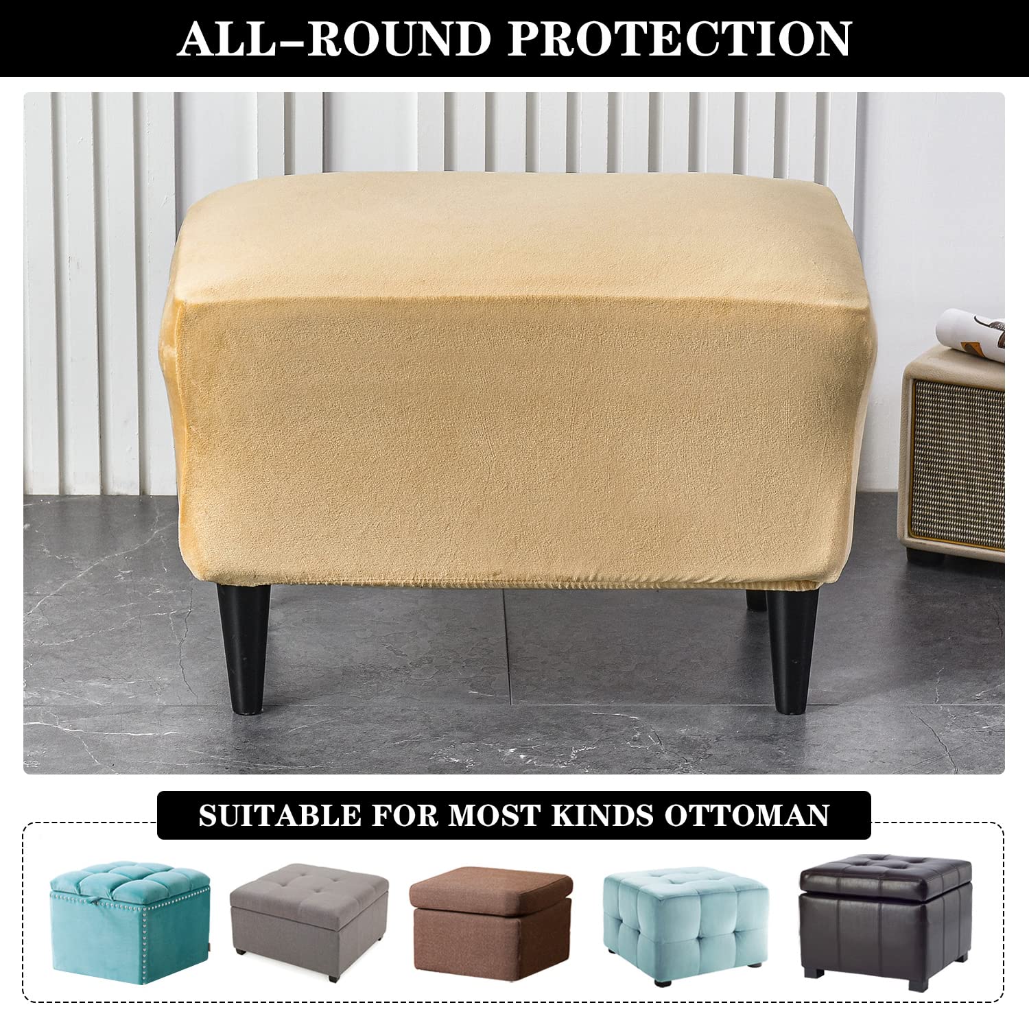Velvet Ottoman Slipcover - Stretch Rectangle Storage Stool Cover, Beige Footstool Protector for Living Room Furniture | Perfect for Home Decor & Sofa Protection
