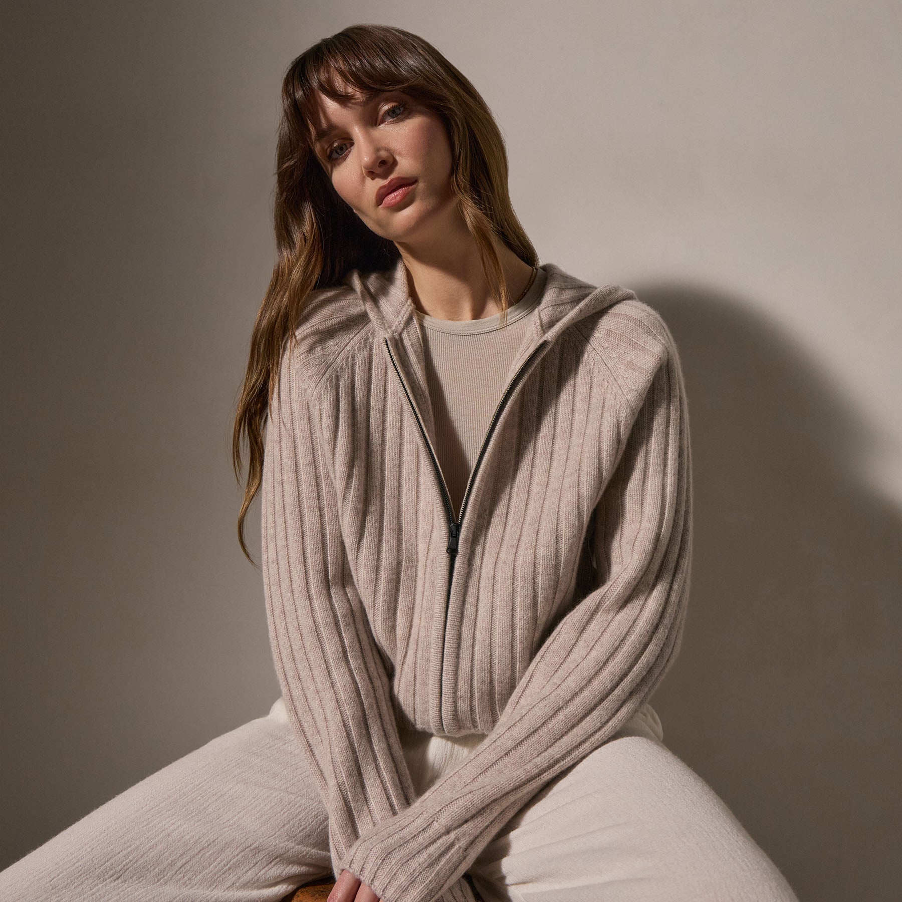 Soft Beige Cashmere Wide Ribbed Hoodie - Cozy & Stylish Women's Sweatshirt for Fall & Winter Layering