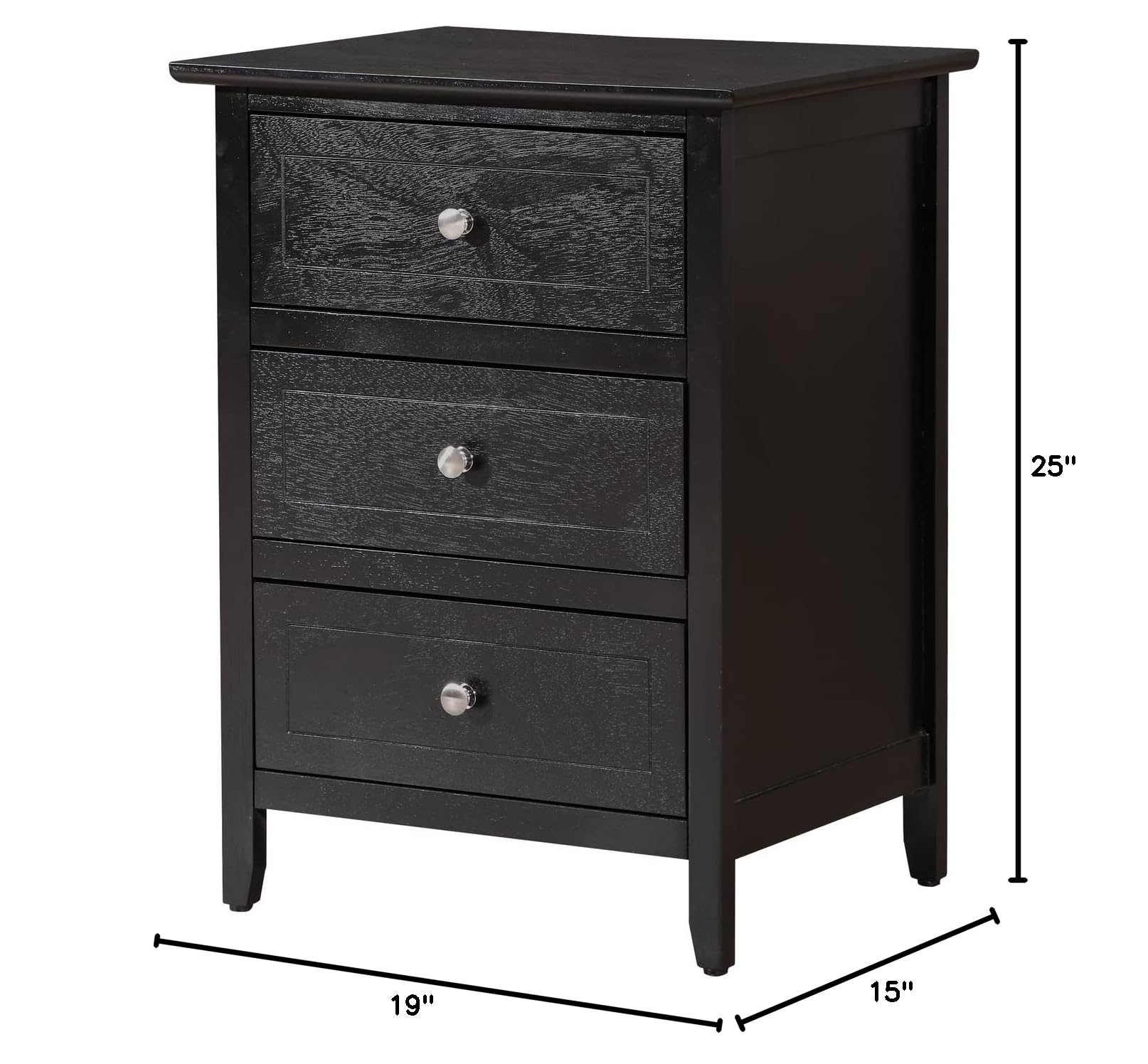 Modern 3-Drawer Nightstand - Black Small End Table for Bedroom & Living Room (25