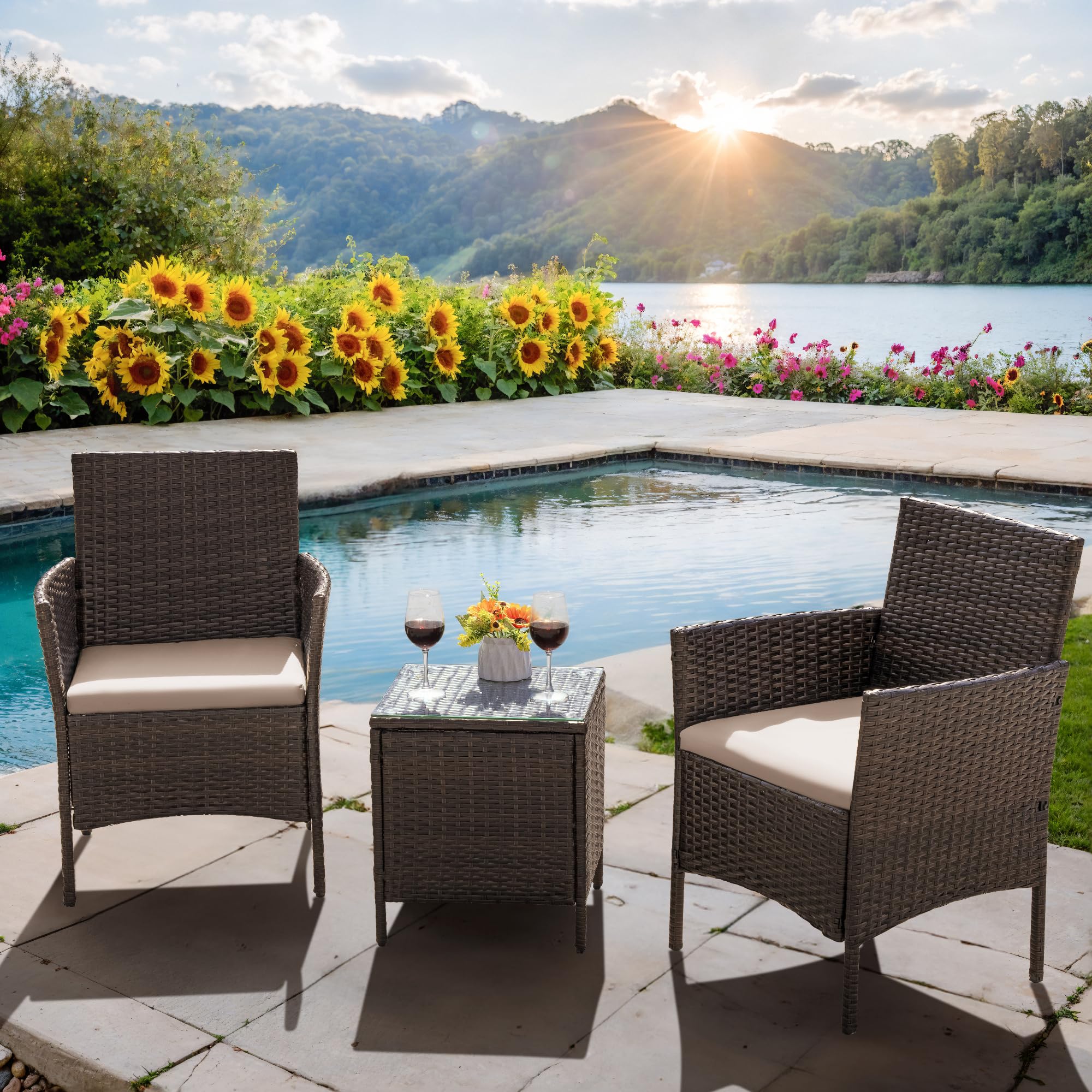 Flamaker 3-Piece All-Weather Rattan Patio Furniture Set with Tempered Glass Table - Outdoor Bistro Chairs for Porch, Balcony, Garden (Brown/Cream) - Perfect for Relaxing, Entertaining & Outdoor Dining