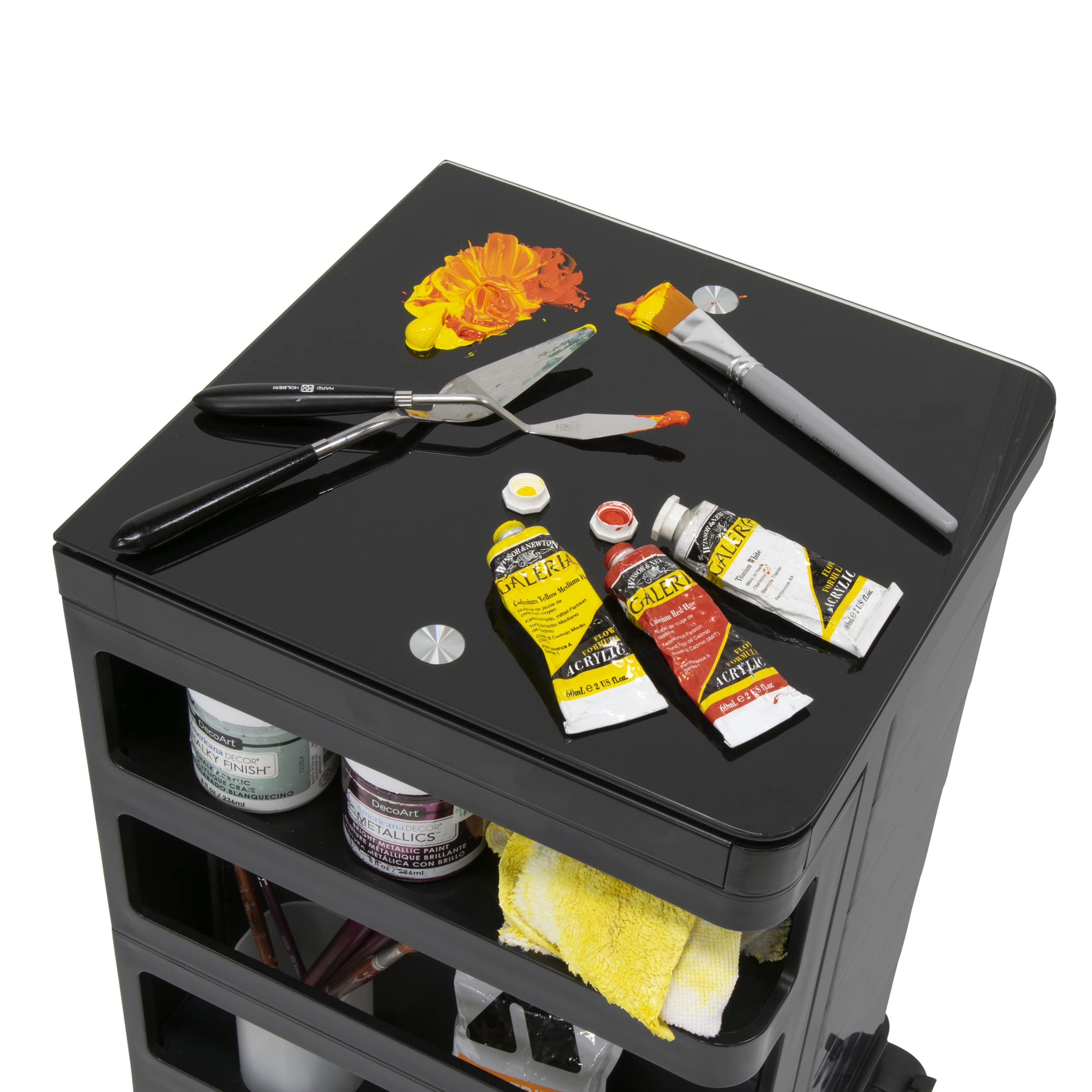 SD STUDIO DESIGNS Kubx Rotating 4-Sided Mobile Storage Organizer with Glass Top - Multi-Compartment Spinning Organizer for Office, Kitchen, Bathroom & Craft Room Organization