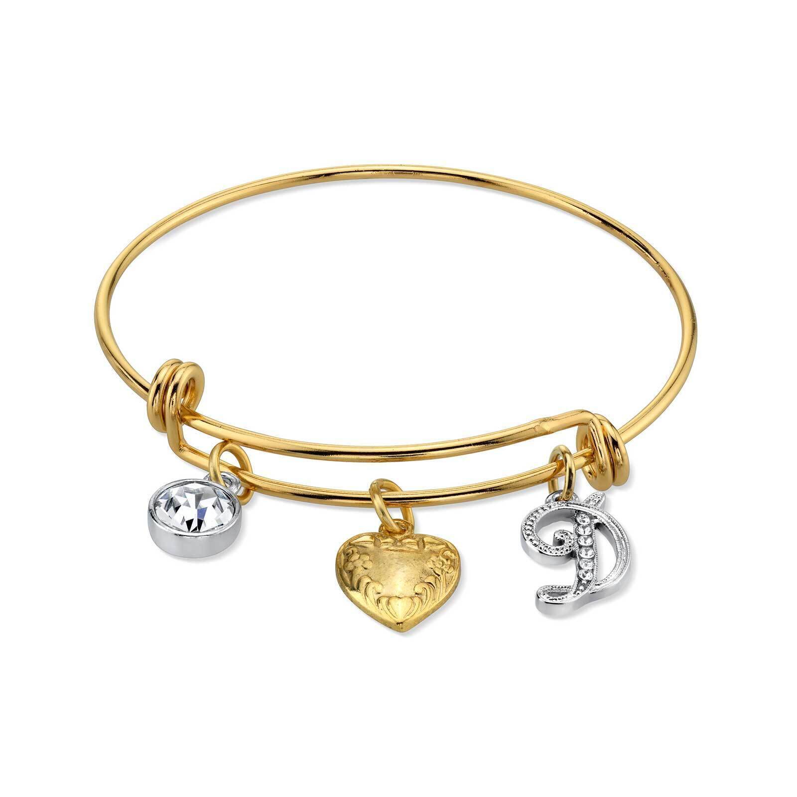 1928 Gold Heart Initial Crystal Charm Bangle Bracelet for Women - Personalized Name Jewelry Gift for Her - Perfect for Valentine's Day, Anniversary & Special Occasions