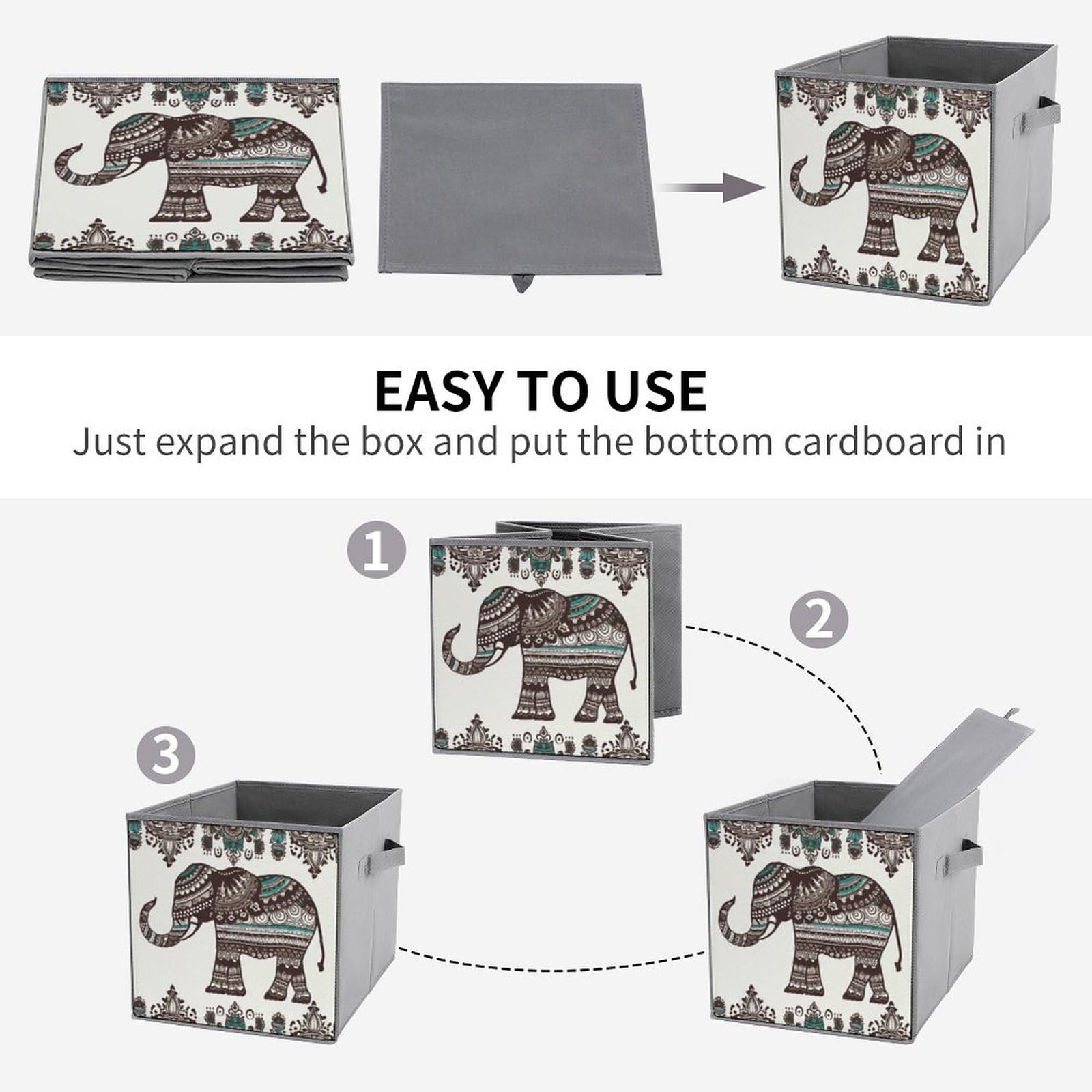 Bohemian Elephant Pattern Collapsible Storage Bins 6-Pack - Large Woven Storage Baskets with Handles for Closet, Bedroom & Nursery Organization - Perfect for Clothes, Toys, Blankets & Home Decor Storage
