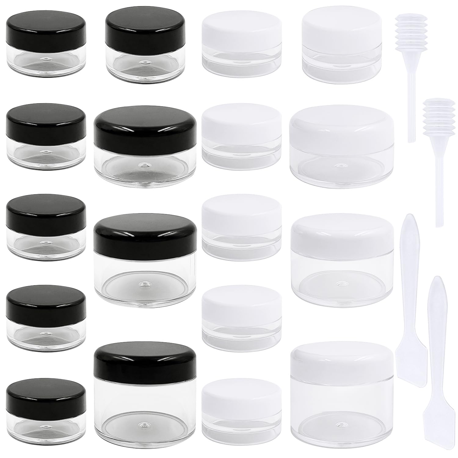 18-Piece Travel Makeup Containers Set with Lids - 3/5/10/15/20g Clear Plastic Jars, 4 Mini Spatulas & Dropper - Leakproof Wide-Mouth Cosmetic Storage for Foundation, Creams & Skincare - Perfect for Travel, Gym & Daily Beauty Routine