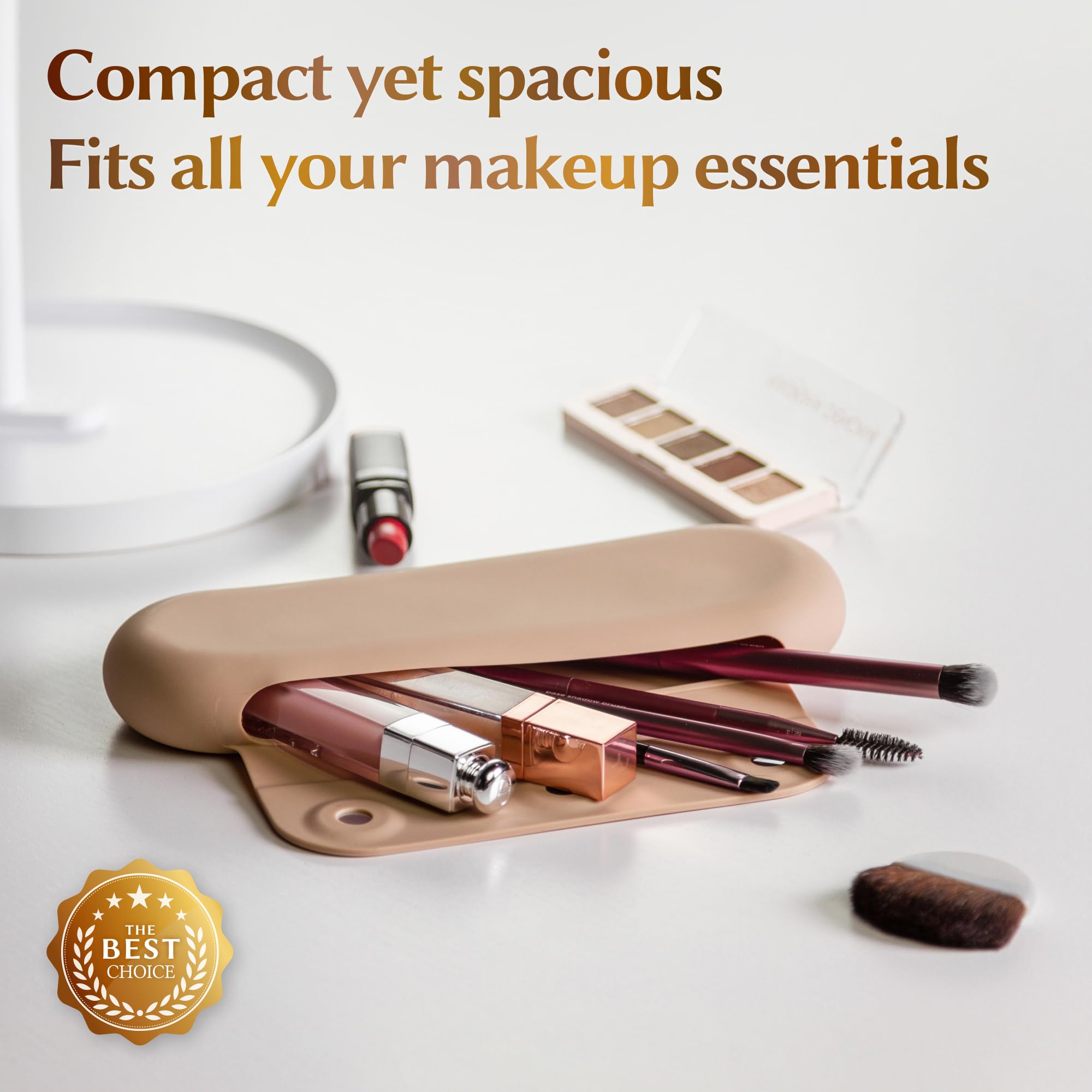 Premium Silicone Makeup Brush Holder - Travel-Friendly Magnetic Closure Cosmetic Organizer Case (Khaki) | Perfect for Home Vanity, Travel & On-The-Go Makeup Storage