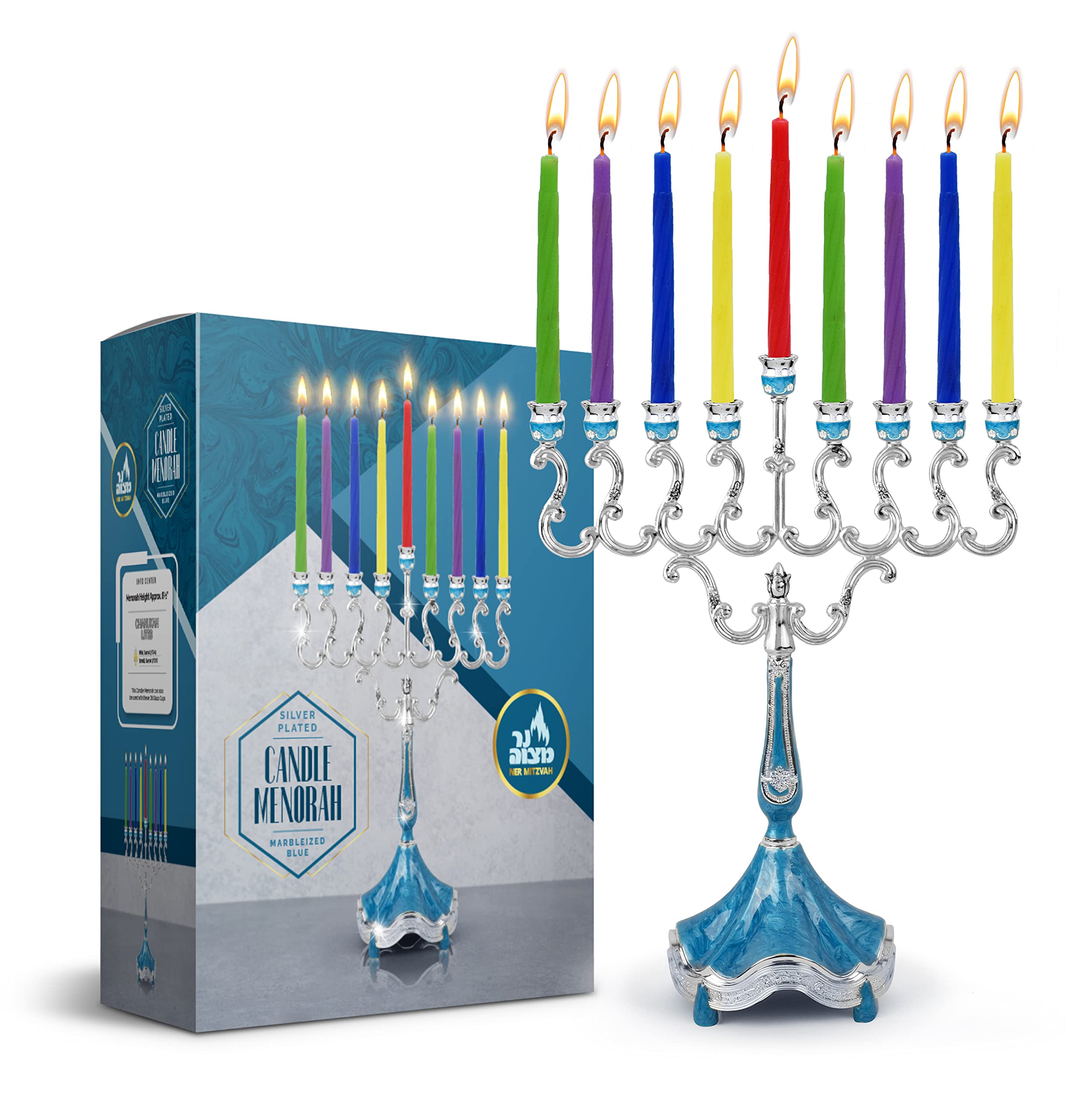 Elegant Silver Plated Hanukkah Menorah with Blue Marble Accents - 8.5 Inch Modern Chanukiah for Standard Candles | Perfect for Jewish Holiday Decor & Home Celebration