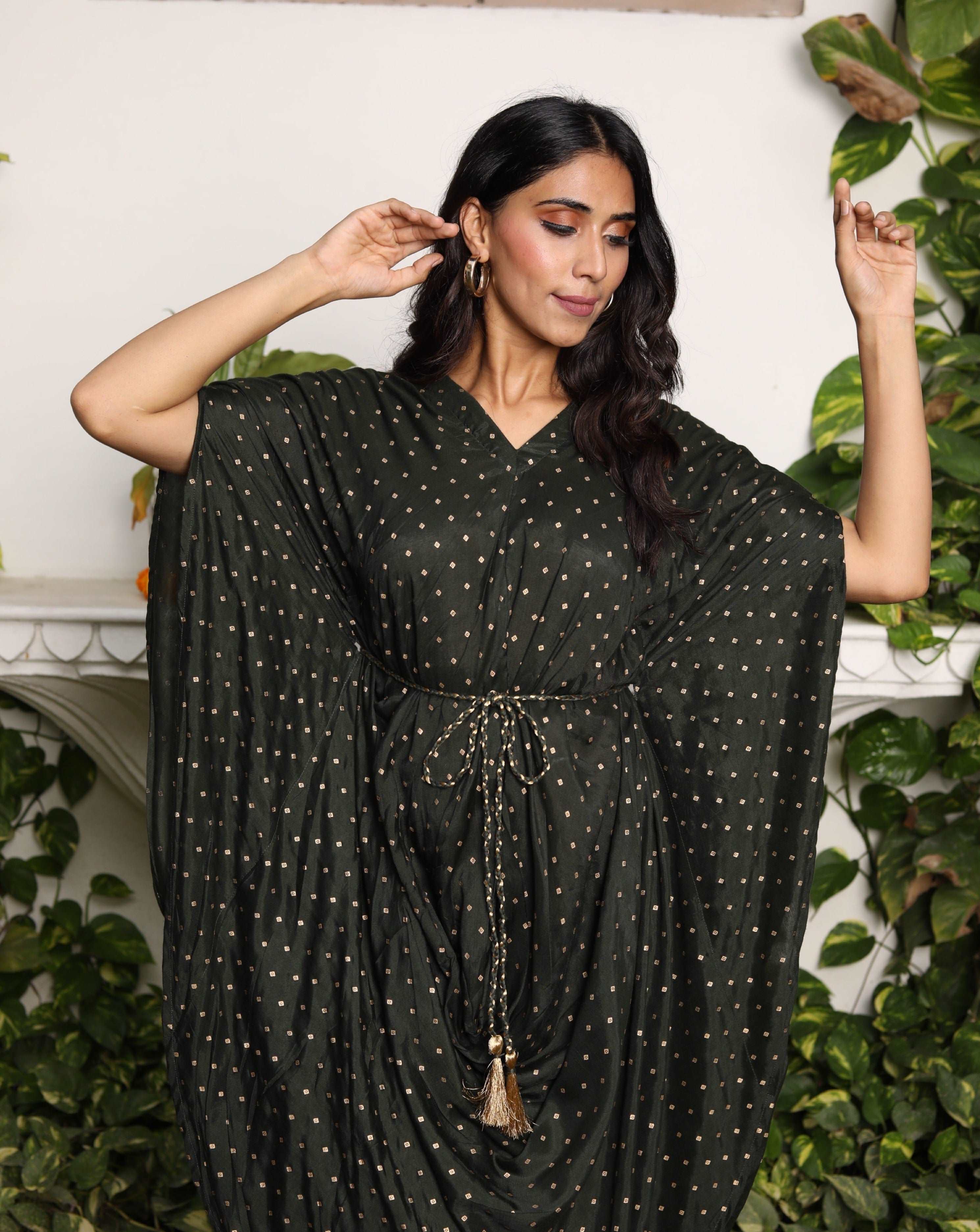 Elegant Green Flared Cowl Neck Dress for Women - Boho Chic Midi Dress for Casual Wear, Date Night & Special Occasions